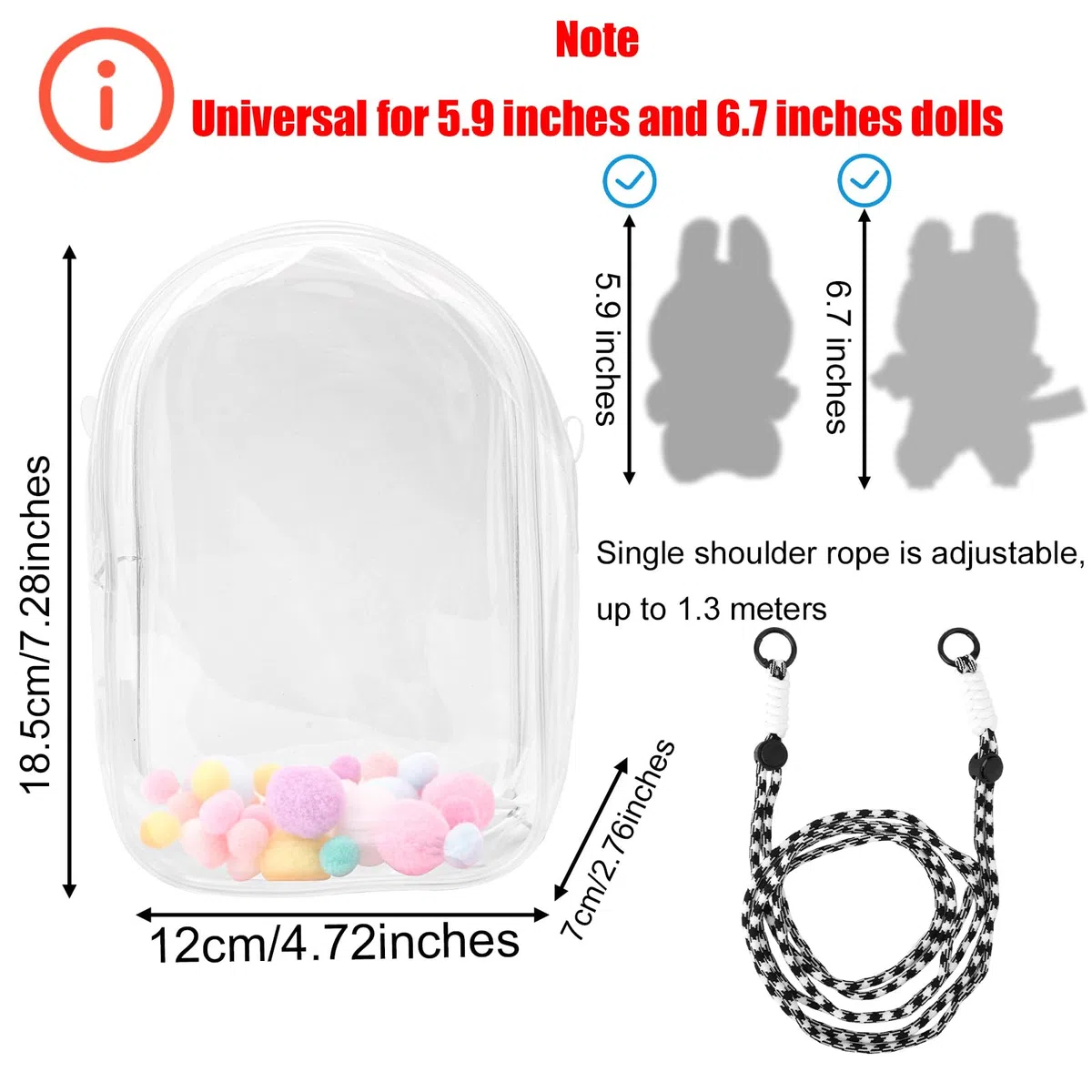Przezroczysta Gablota na Figurki, Etui Ochronne Pluszową Lalkę Torba Przechowywania Uchwyt Przenośna Torba z PVC Ramię Pokrowiec Lalkę z Brelokiem na Akcesoria Lalek 15cm/17cm (Biały)