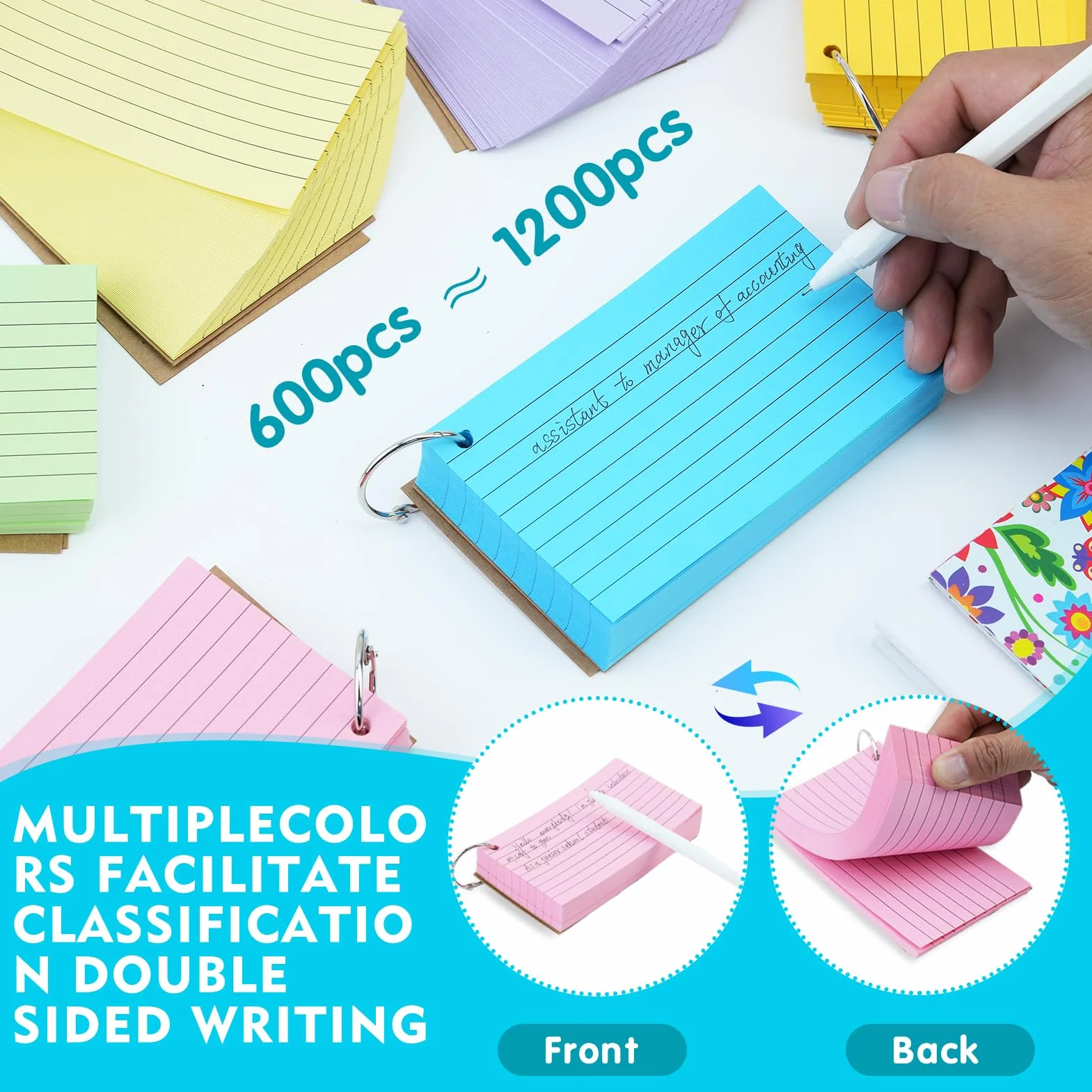 Flash Cards A8, 600 sztuk, wielokolorowe, z 7 pierścieniami do oprawy, perforowane karty Bristol, karty przeglądowe i indeksy do szkoły, biura i do nauki słownictwa