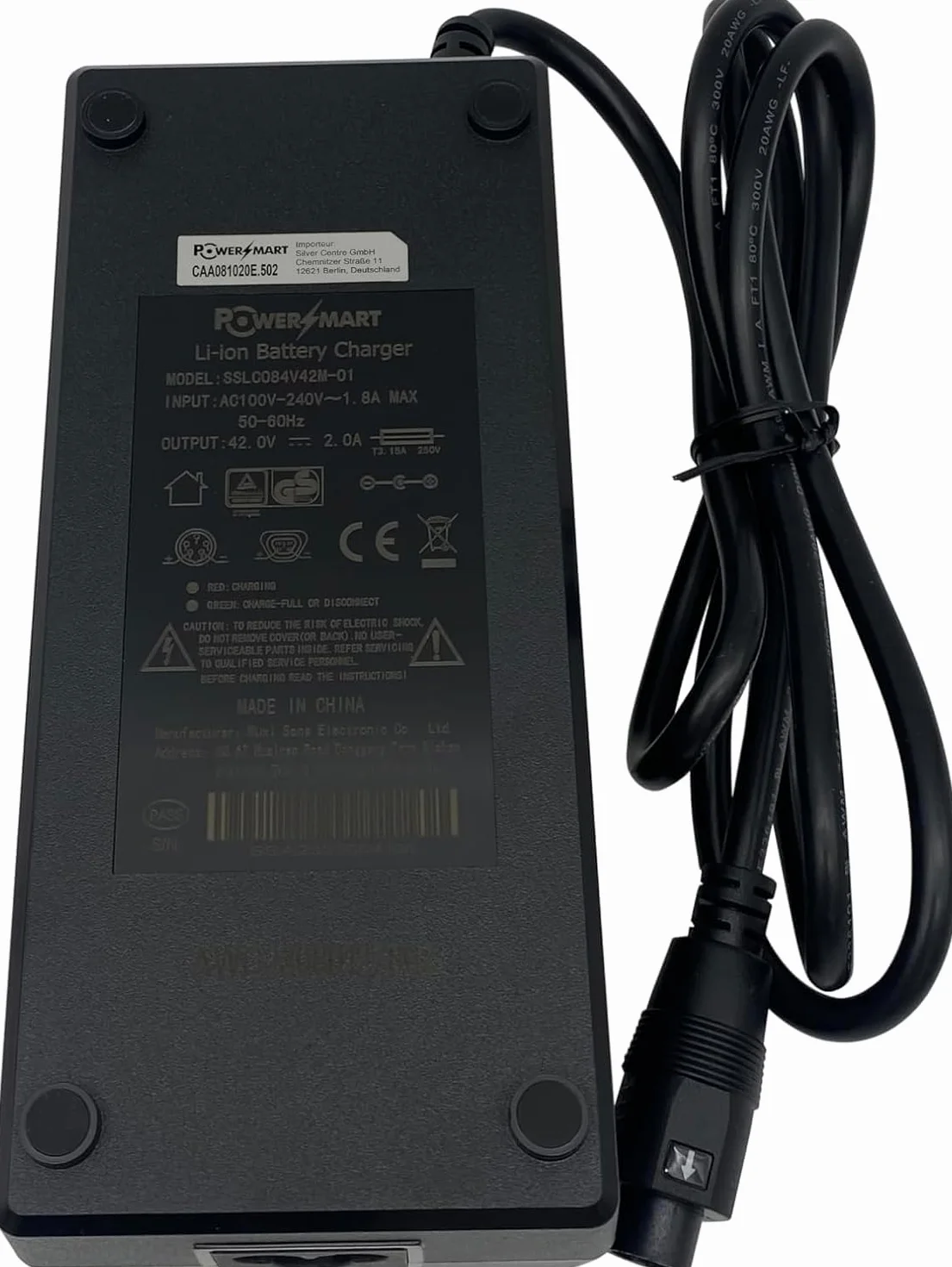 PowerSmart 42 V ładowarka zasilacz do akumulatora 36 V SSLC084V42M z wtyczką 5-pin do rowerów elektrycznych Pedelec