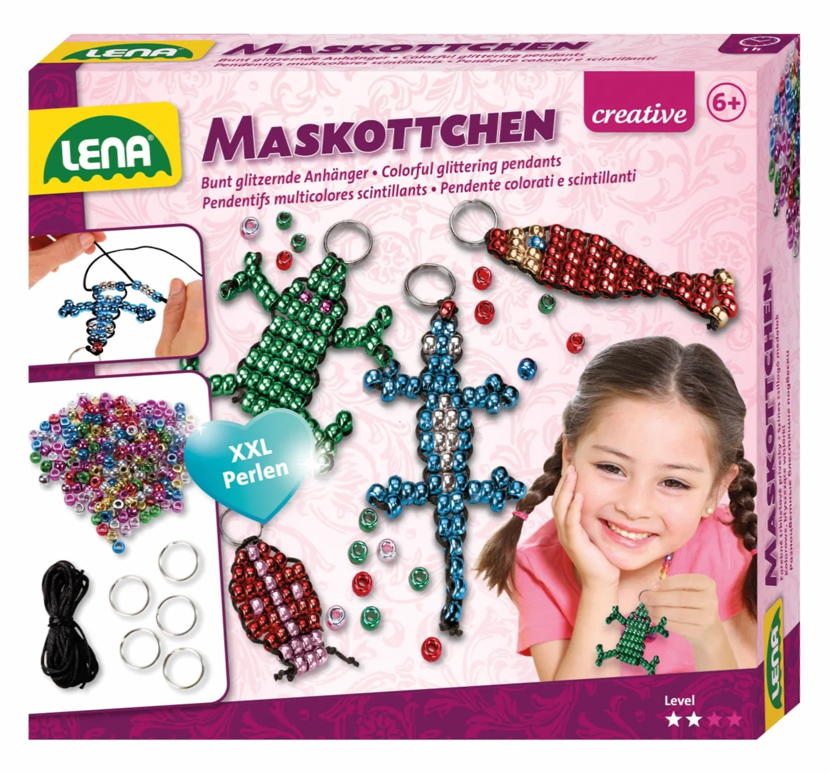 Lena 42688 Maskotki rzemieślnicze, kompletne łańcuszki na szczęście z 290 metalicznymi koralikami XXL do nawlekania, czarny sznurek, 4 kółka do kluczy i instrukcje, zestaw dla dzieci od 6 lat, 19,7 x