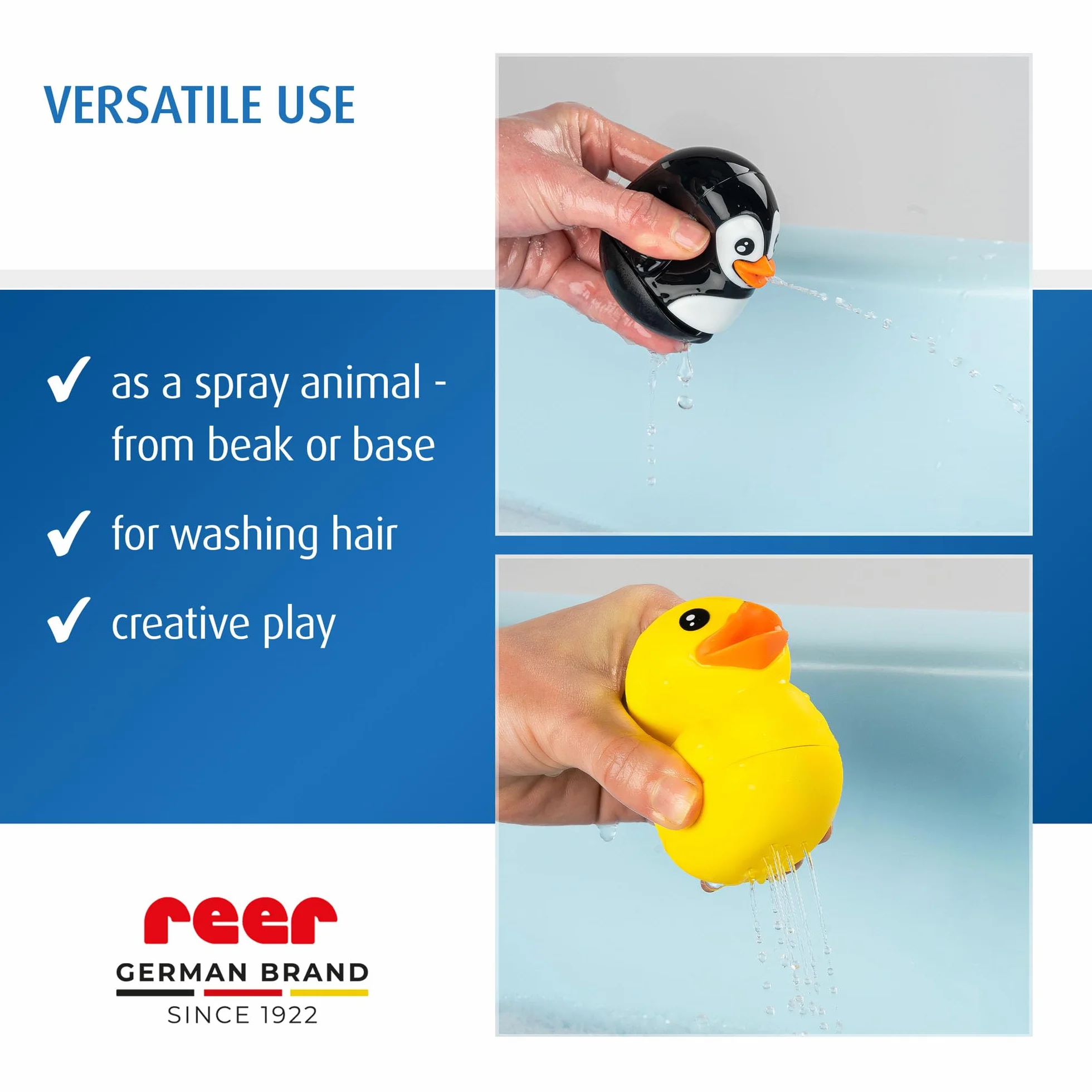 reer MyHappyBath Toys Zwierzęta kąpielowe, kaczka i pingwin, zabawka do kąpieli dla niemowląt i dzieci od 6 miesięcy, zwierzęta do rozpylania, zabawna zabawka do wanny