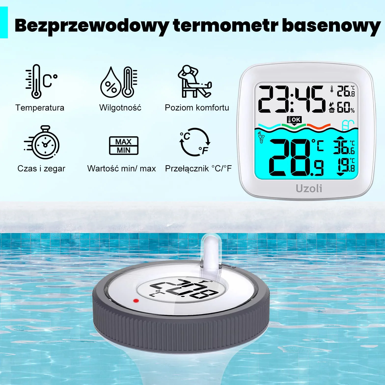 Uzoli EM3385 termometr basenowy z czujnikiem IPX7 LCD temperatura wody wewnętrzna budzik