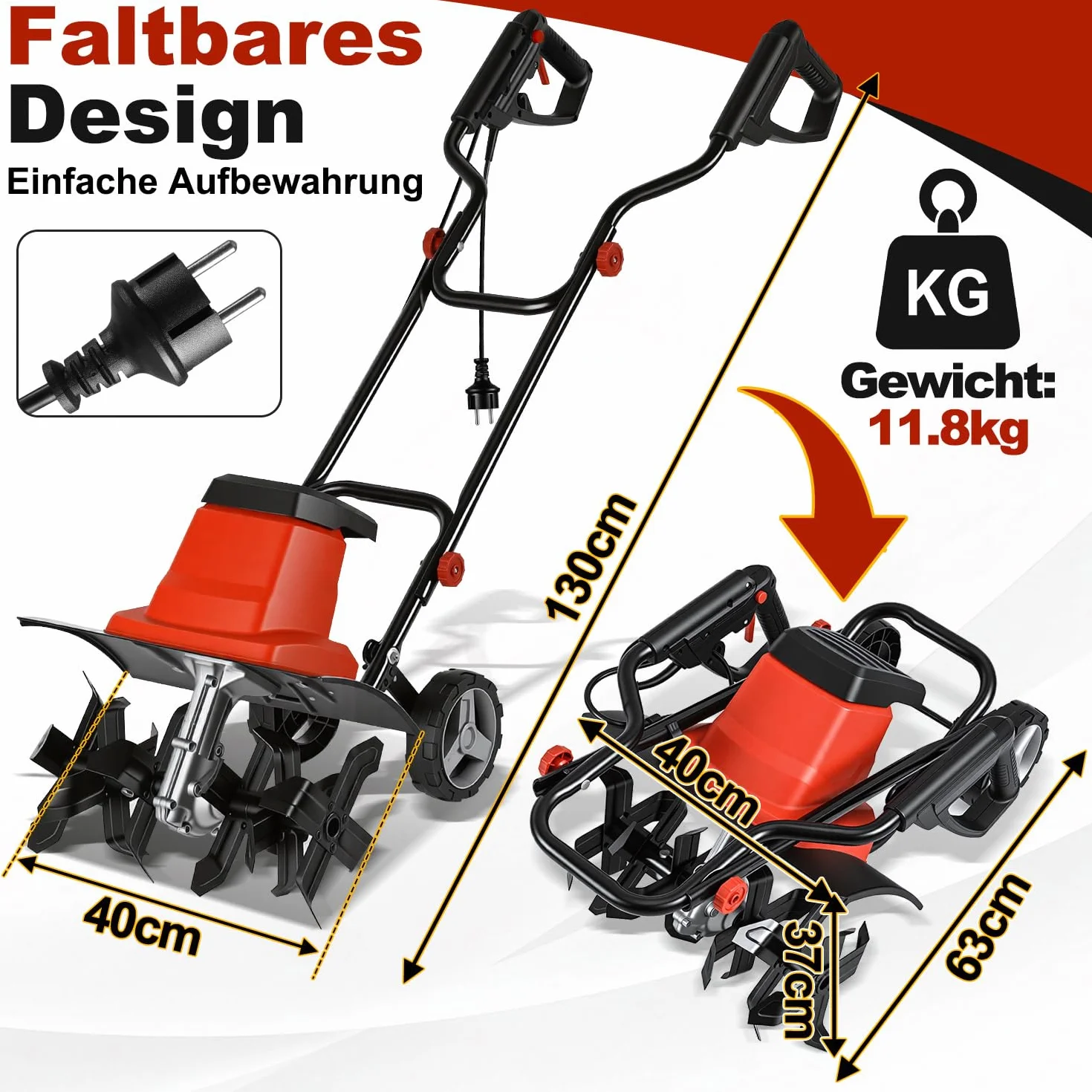 Elektryczna glebogryzarka ogrodowa 1500 W 40 cm 22 cm 24 noże