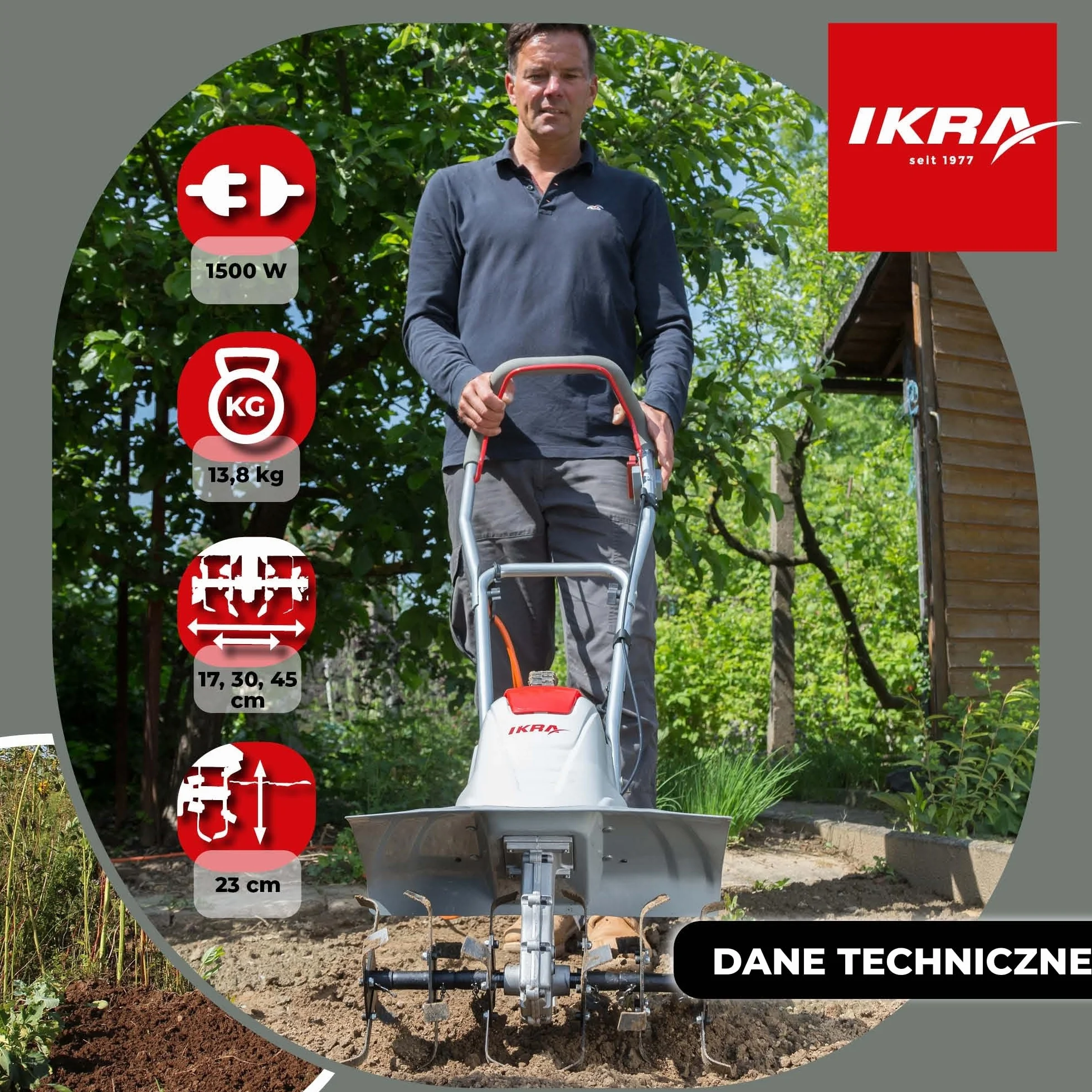 IKRA Glebogryzarka elektryczna FEM 1500 szerokość robocza 17-45 cm pług do mulczowania