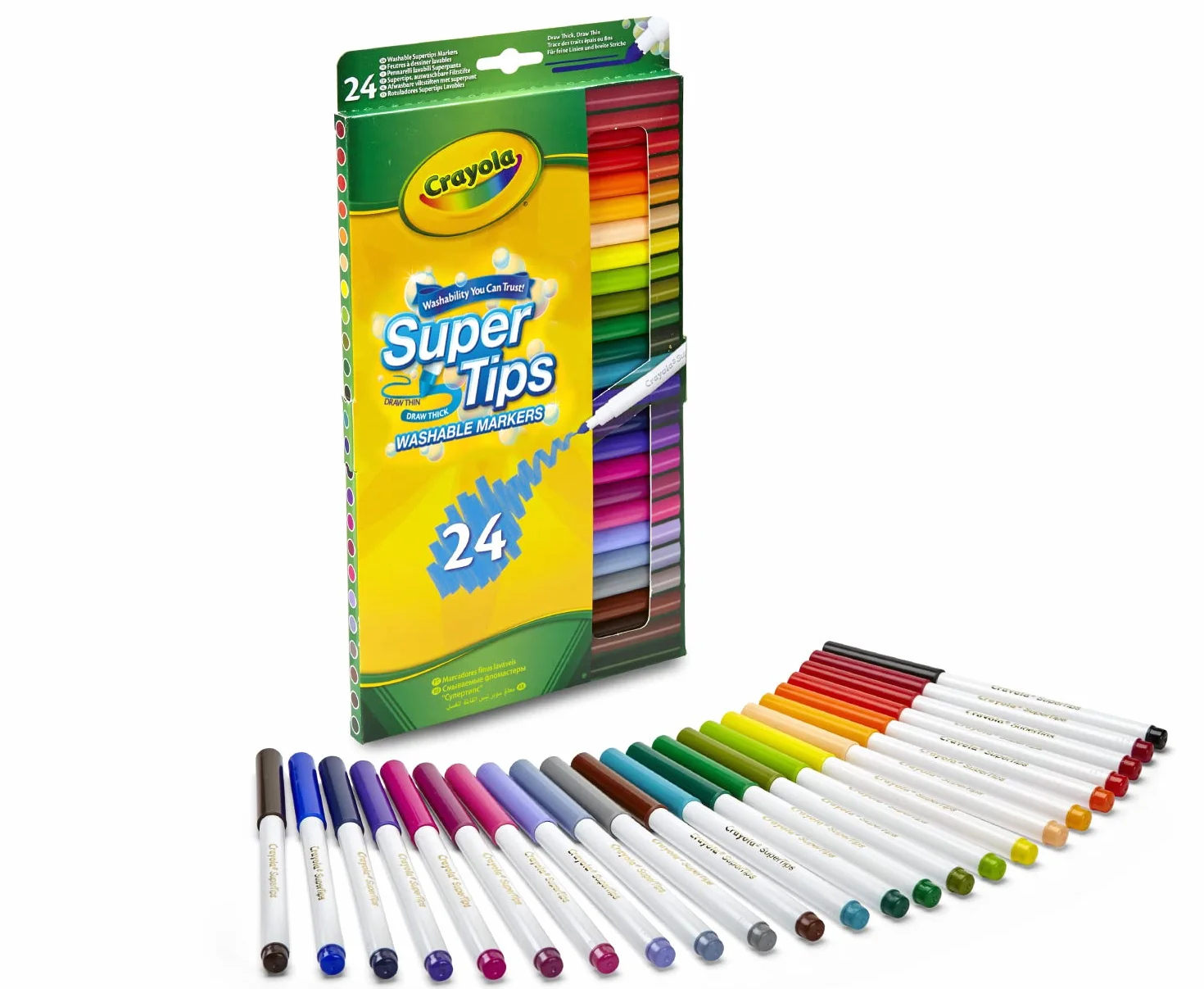 Crayola - Super Tips, Markery zmywalne średniopunktowe, zestaw 24 sztuk, do szkoły i do zabawy, różne kolory, 7551