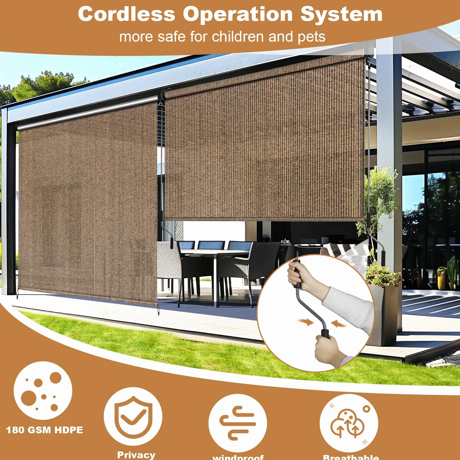 LIFERUN Markiza pionowa 240 x 180 cm HDPE do pergoli tarasowej z bezprzewodową korbą