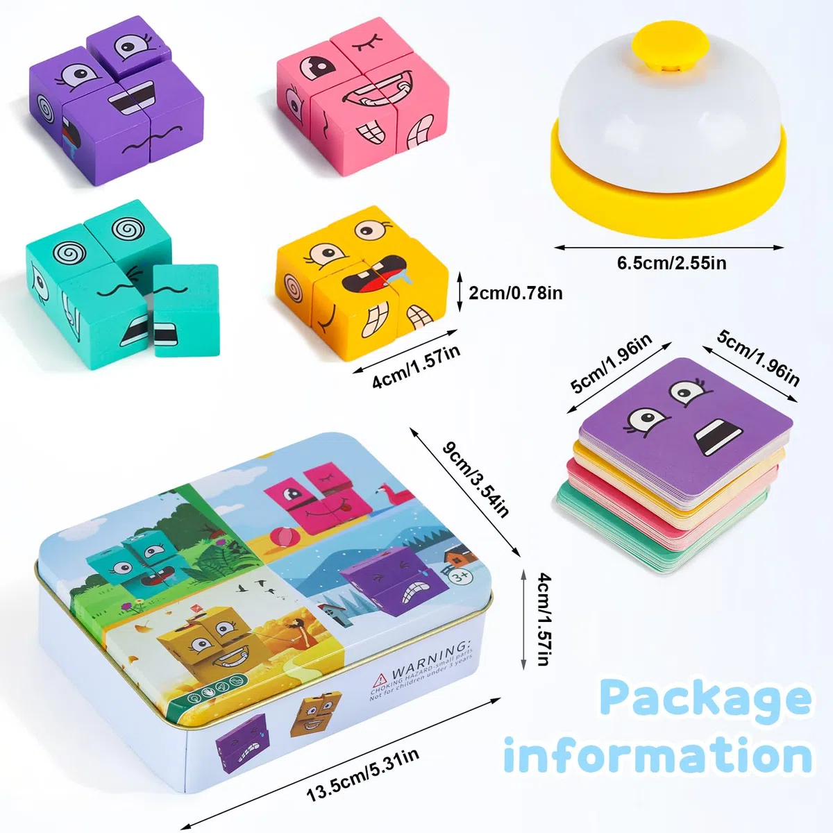 Drewniane puzzle w kształcie kostki, do wyrażania, drewniane kostki, twarze, puzzle, kostka budowlana, 3D, Face Changing, Magic Cube, gra dla dzieci 3, 4, 5, 6, 7, z dzwonkiem stołowym