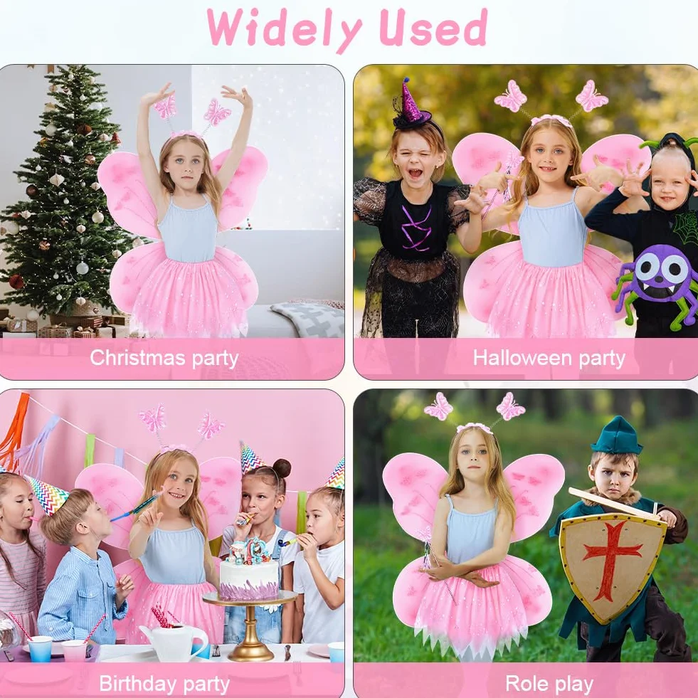 Kostium wróżki dla dzieci, 4 Pièces skrzydła motyla wróżki skrzydła, sukienka tutu z magiczną różdżką, opaska motyla, kostium księżniczki dziewczynki kostium dziewczynki