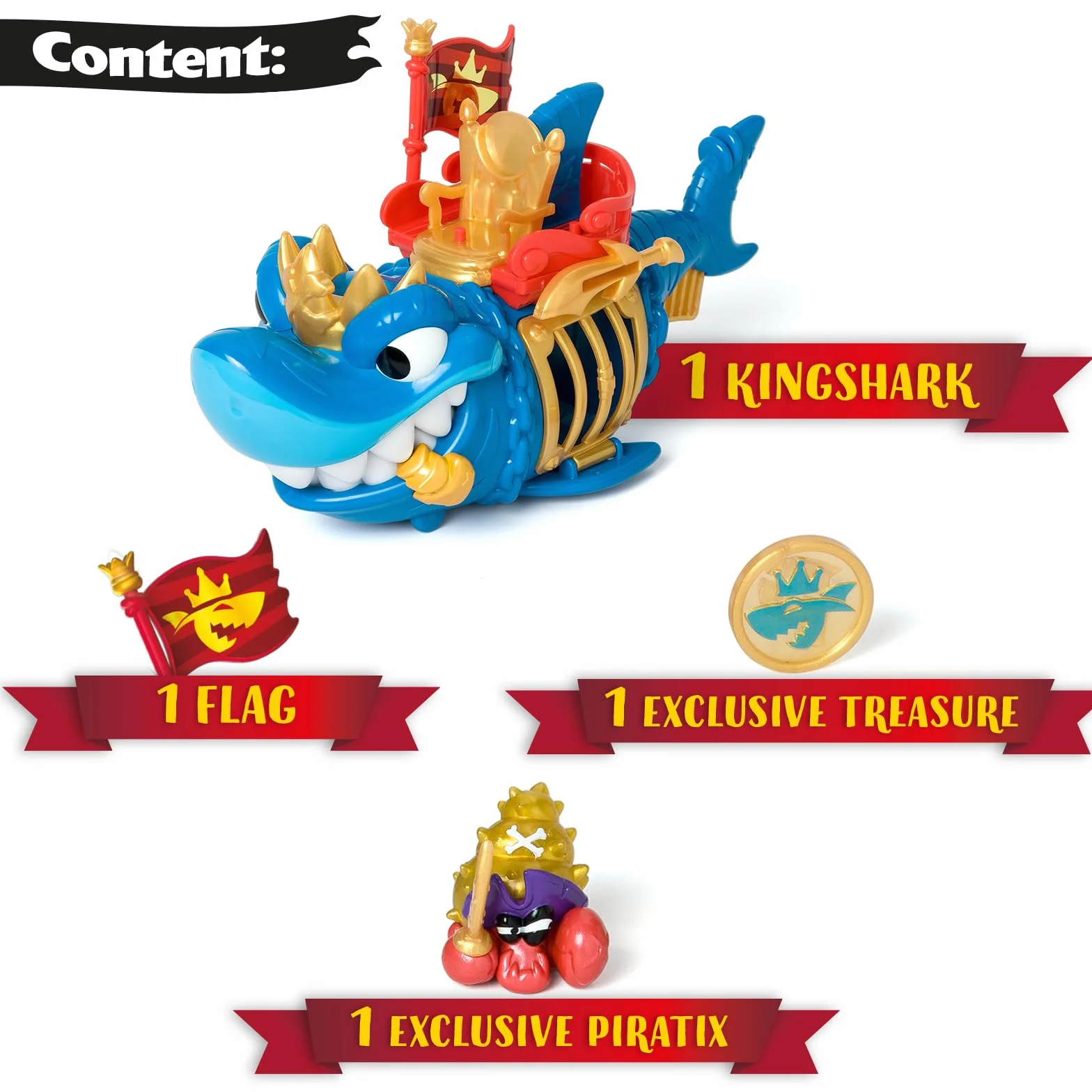PIRATIX ADVENTURE WORLD King Shark– Przegubowy rekin, z klatką, aby schwytać rywali Piratix. Zawiera 1 rekin, 1 ekskluzywny skarb, 1 ekskluzywny Piratix i 1 akcesorium