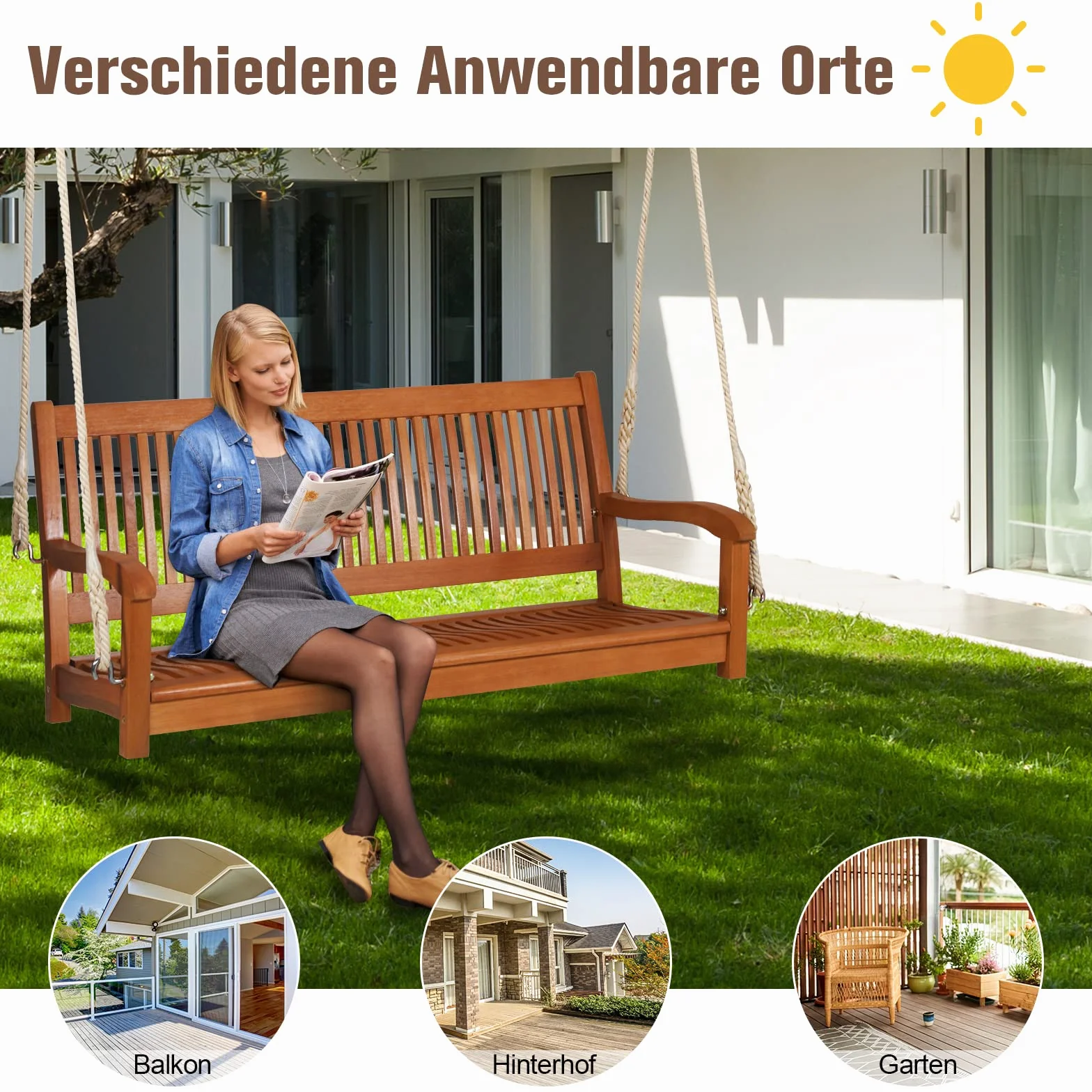 COSTWAY Huśtawka 2-osobowa Ogrodowa Wisząca Hollywood z Drewna Eukaliptusowego 360 kg