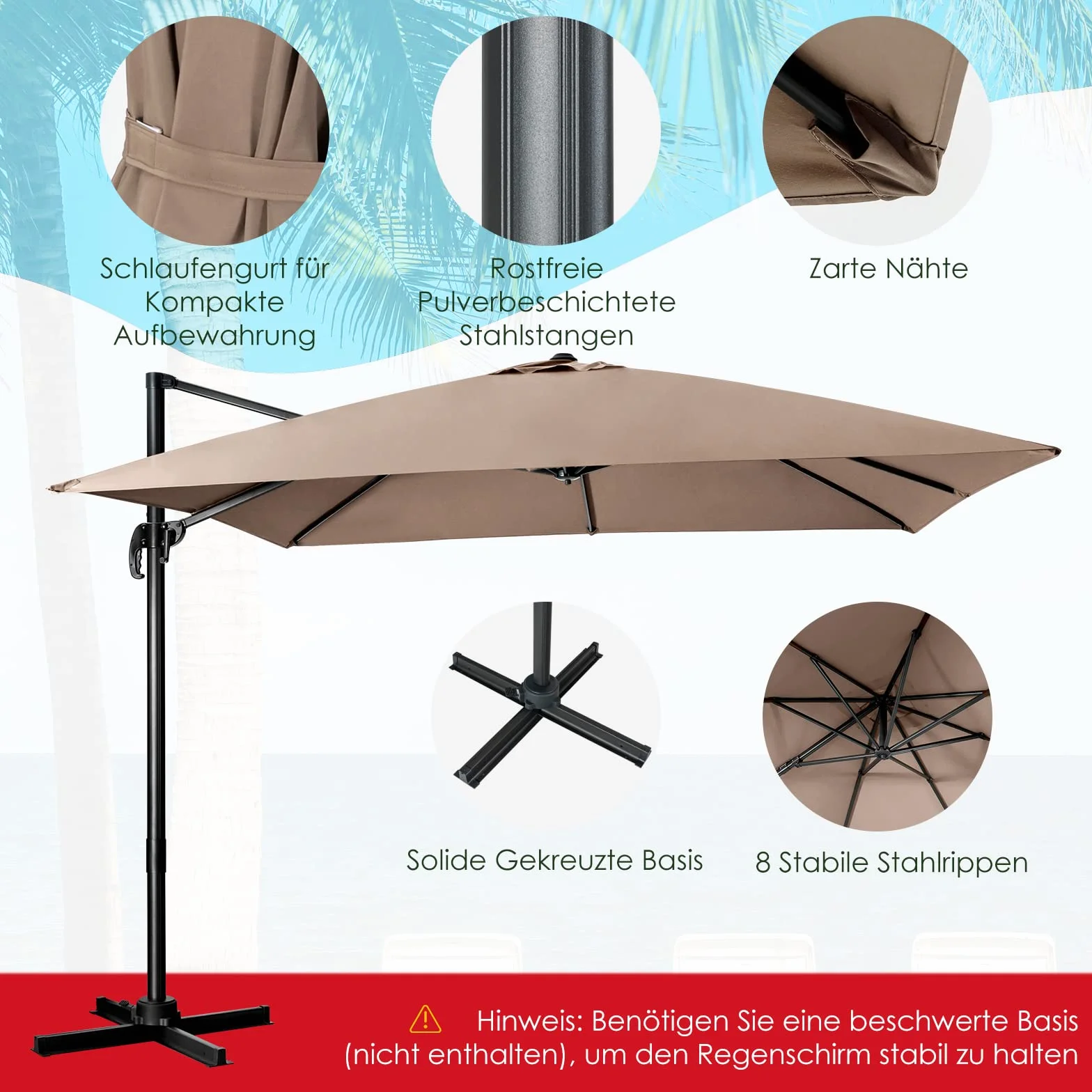 COSTWAY Parasol ogrodowy kwadratowy 300 x 300 cm z korbą obracany 360°