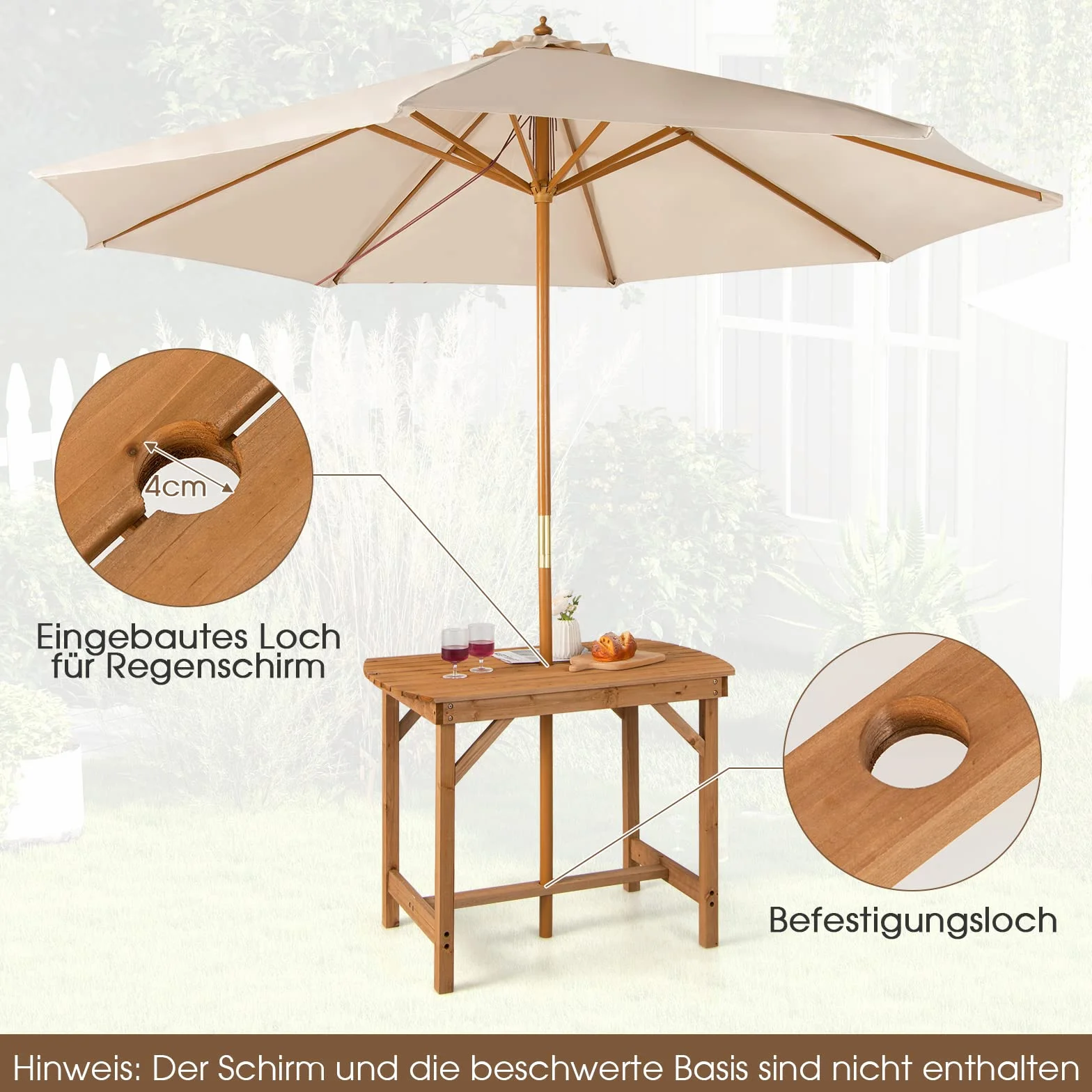 COSTWAY Stół ogrodowy z otworem na parasol 100 x 60 cm lite drewno prostokątny