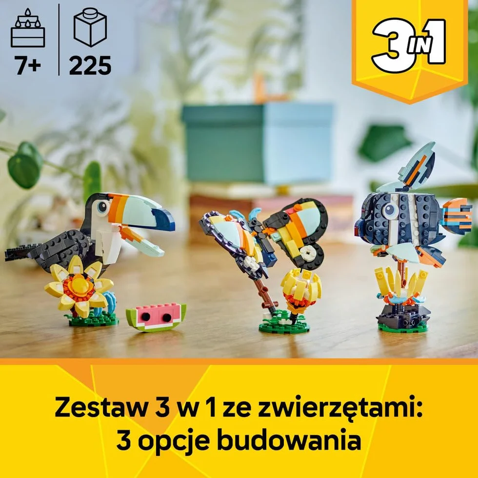 LEGO Creator 3 w 1 Dzikie zwierzęta: Tropikalny tukan, figurka do przebudowania na motyla lub rybę, zabawka dla dziecka, ozdoba do pokoju dziecięcego, prezent dla 7-latki, dziewczynki i chłopca 31173