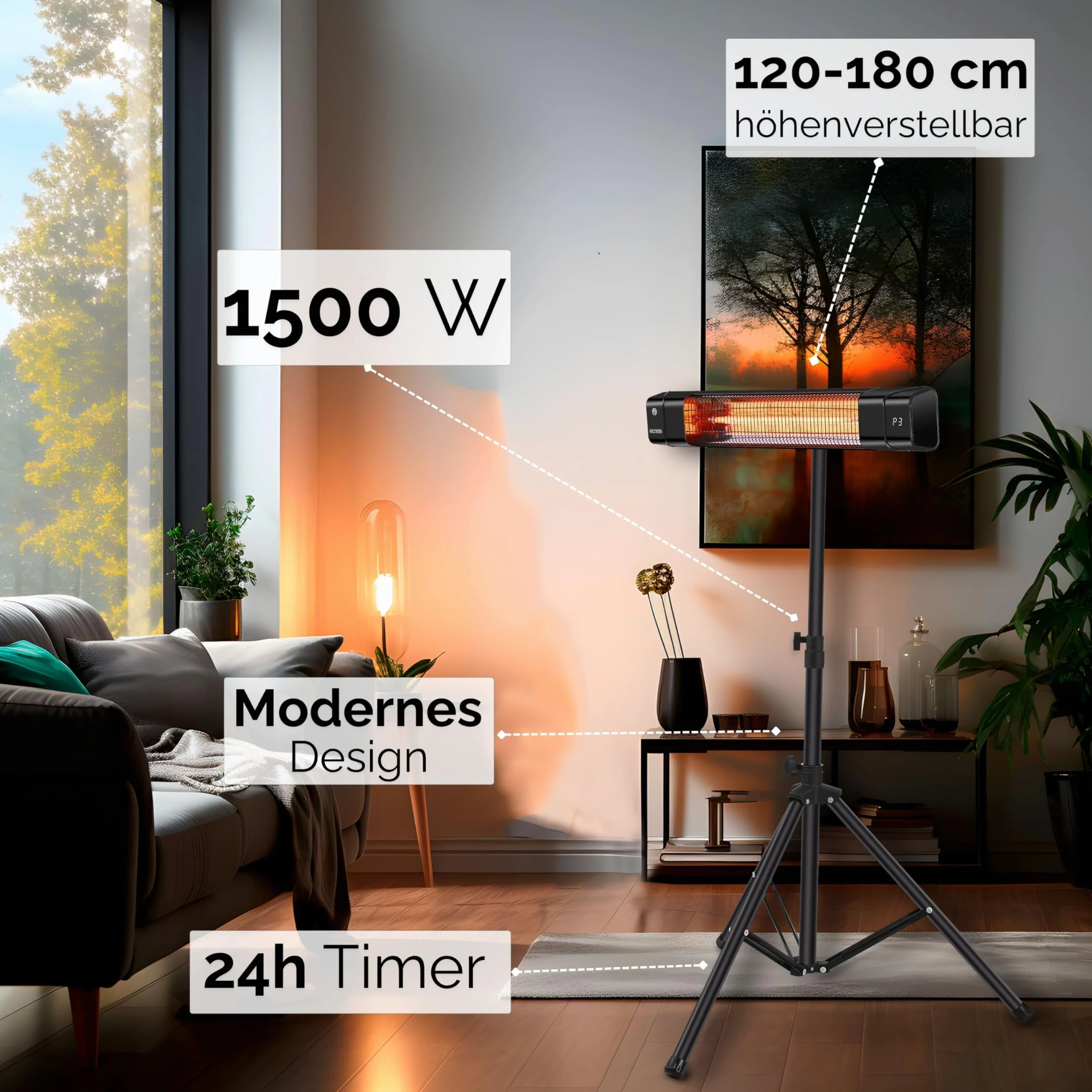 Promiennik ciepła 2500 W z pilotem, timerem 24 h, ochrona przed wodą