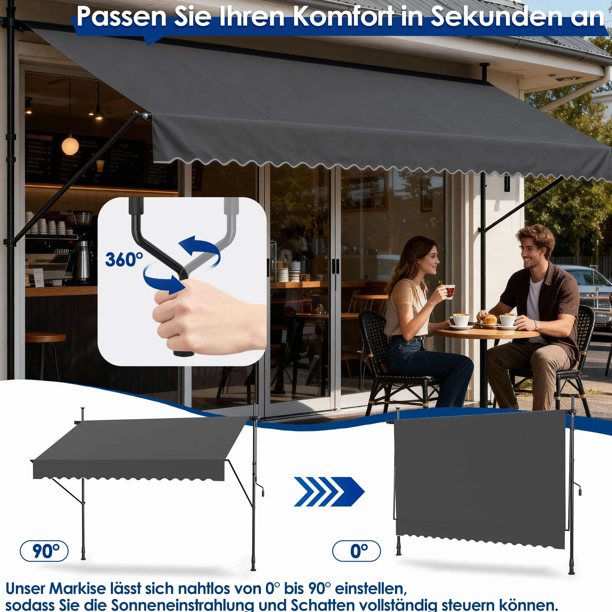 Markiza zaciskowa z korbą 350 cm – balkonowa regulowana UV ochrona przed słońcem