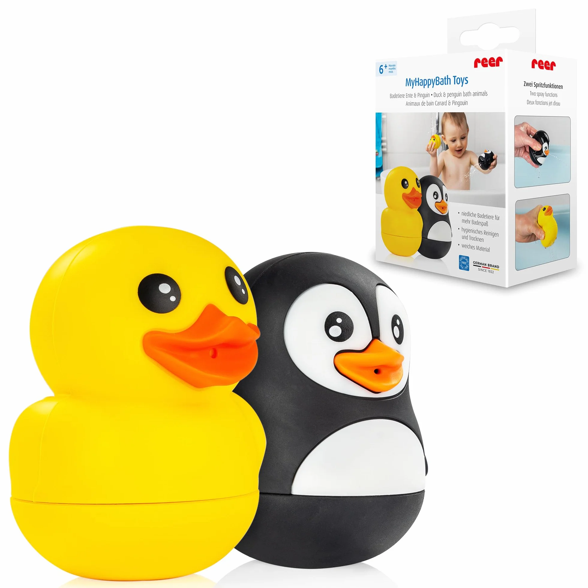 reer MyHappyBath Toys Zwierzęta kąpielowe, kaczka i pingwin, zabawka do kąpieli dla niemowląt i dzieci od 6 miesięcy, zwierzęta do rozpylania, zabawna zabawka do wanny