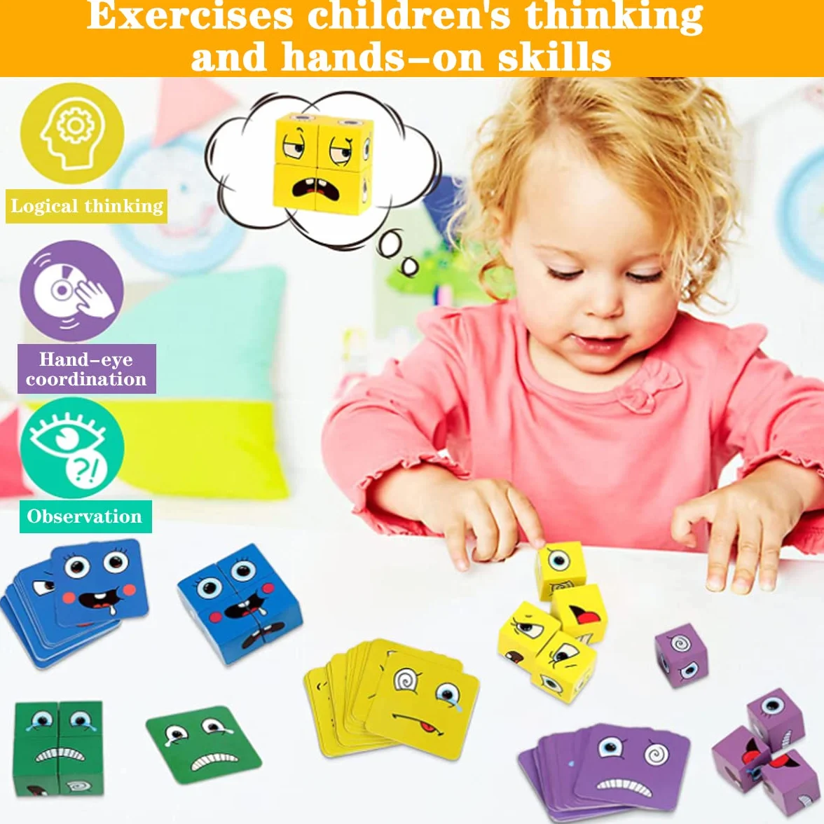 LiRiQi Puzzle z Drewnianych Kostek, Zabawka Sensoryczna Kostki Budowlane Drewniane Puzzle Twarze, Kolorowe Magiczne Kostki Klocki Interaktywna Zabawka, Montessori Zabawka Edukacyjna dla Dzieci od 3
