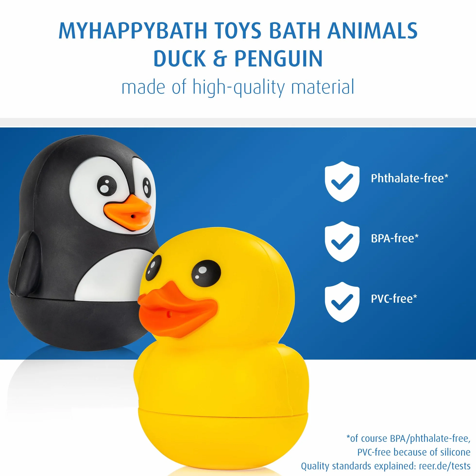 reer MyHappyBath Toys Zwierzęta kąpielowe, kaczka i pingwin, zabawka do kąpieli dla niemowląt i dzieci od 6 miesięcy, zwierzęta do rozpylania, zabawna zabawka do wanny