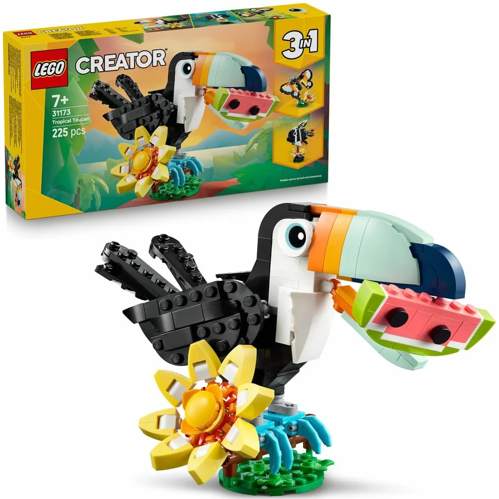 LEGO Creator 3 w 1 Dzikie zwierzęta: Tropikalny tukan, figurka do przebudowania na motyla lub rybę, zabawka dla dziecka, ozdoba do pokoju dziecięcego, prezent dla 7-latki, dziewczynki i chłopca 31173