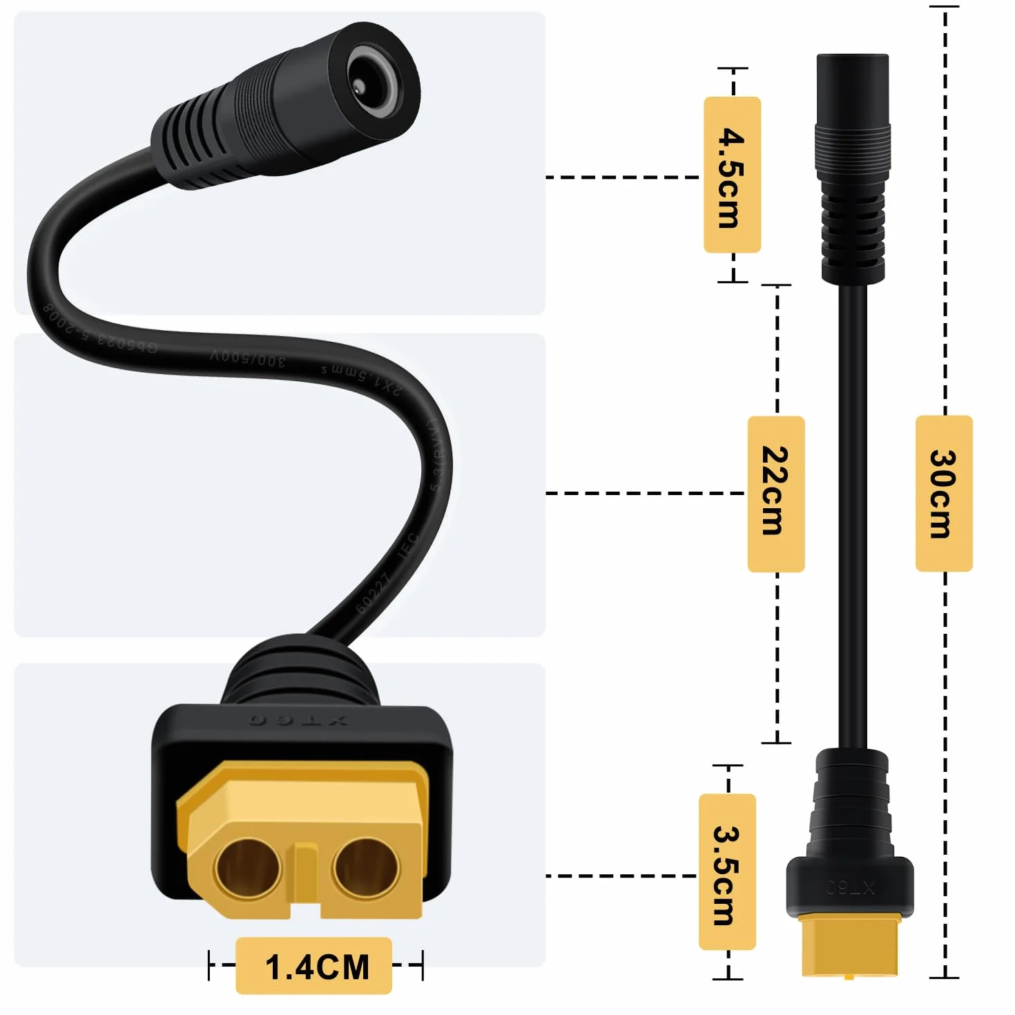 XT60 na DC5521 Kabel Przejściowy Wtykiem na Gniazdo DC 5,5 x 2,1 mm Kabel ładujący z Wtykiem XT60 Gniazdo 30 cm (Gniazdo DC)