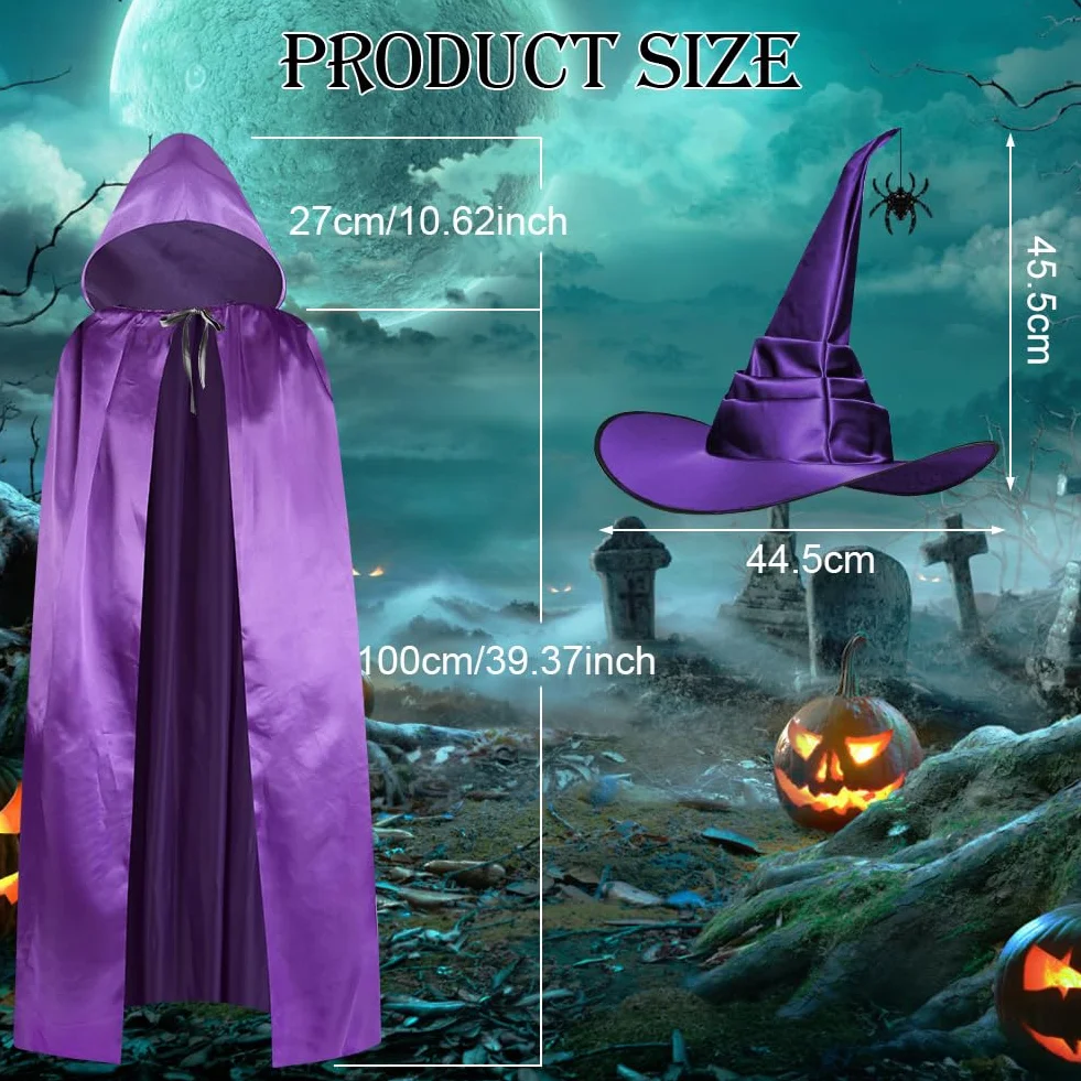 AUYAO Peleryna z kapturem na Halloween, długa peleryna z kapturem, płaszcz z kapturem, Halloween, Boże Narodzenie, fantazyjna peleryna, 2 szt. fantazyjny kostium, maskarada, impreza z rękawiczkami