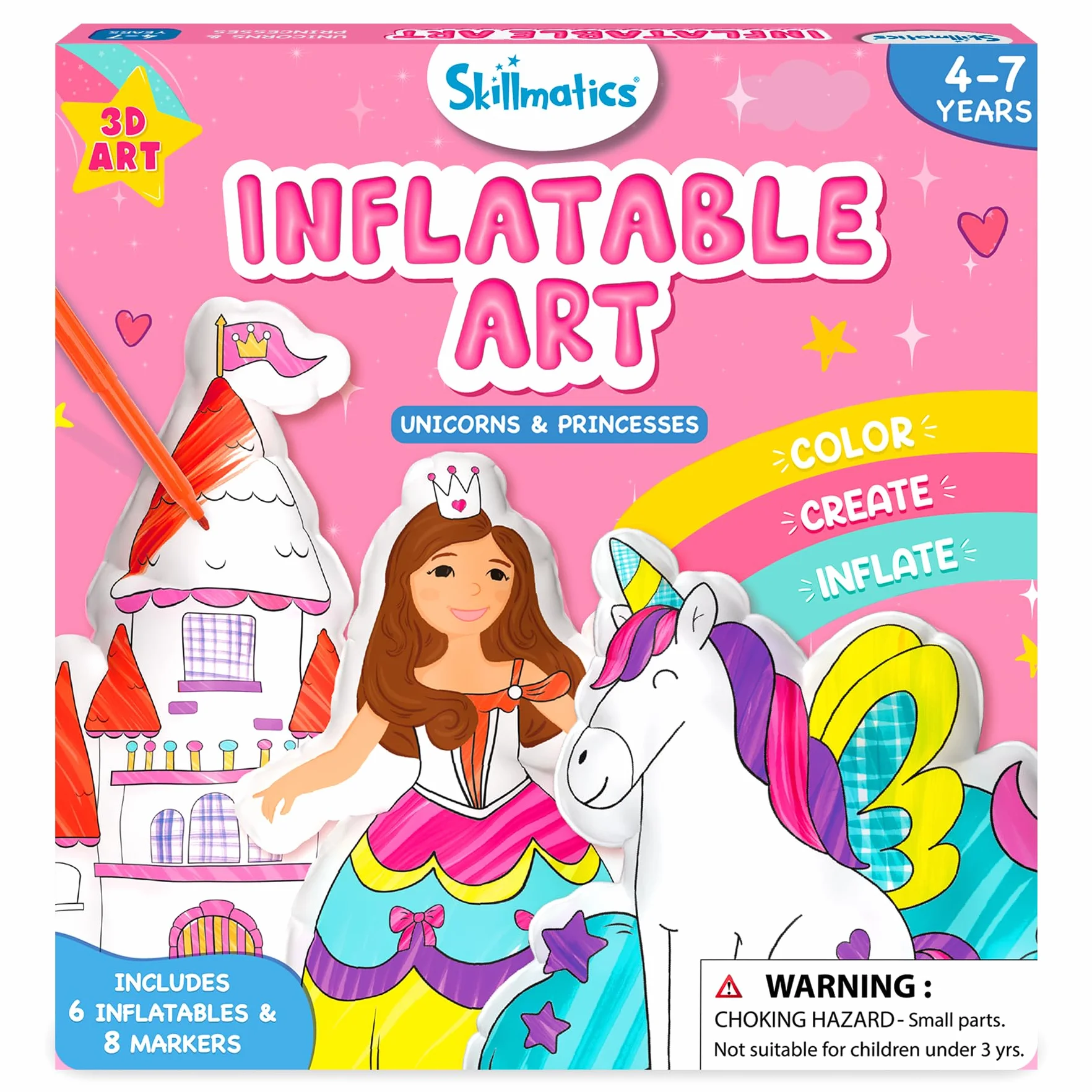 Skillmatics Inflatable Art for Kids - 3D Unicorns & Princesses, Preschool Craft Kits, Fun DIY Activity, Coloring Set, Gifts for Boys & Girls Ages 4, 5, 6, 7