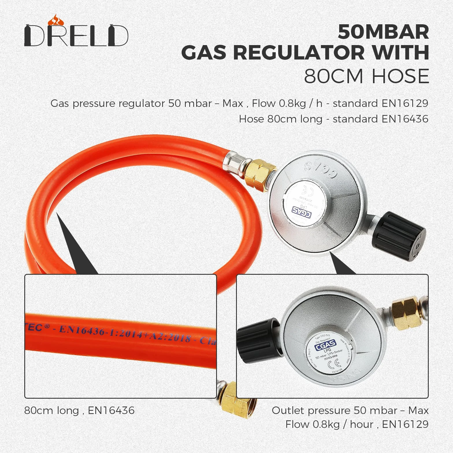 DRELD Regulowany regulator 50 mbar z wężem 80 cm, gwint 1/4" i 7/16" do grilla gazowego