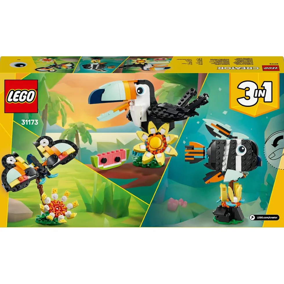 LEGO Creator 3 w 1 Dzikie zwierzęta: Tropikalny tukan, figurka do przebudowania na motyla lub rybę, zabawka dla dziecka, ozdoba do pokoju dziecięcego, prezent dla 7-latki, dziewczynki i chłopca 31173