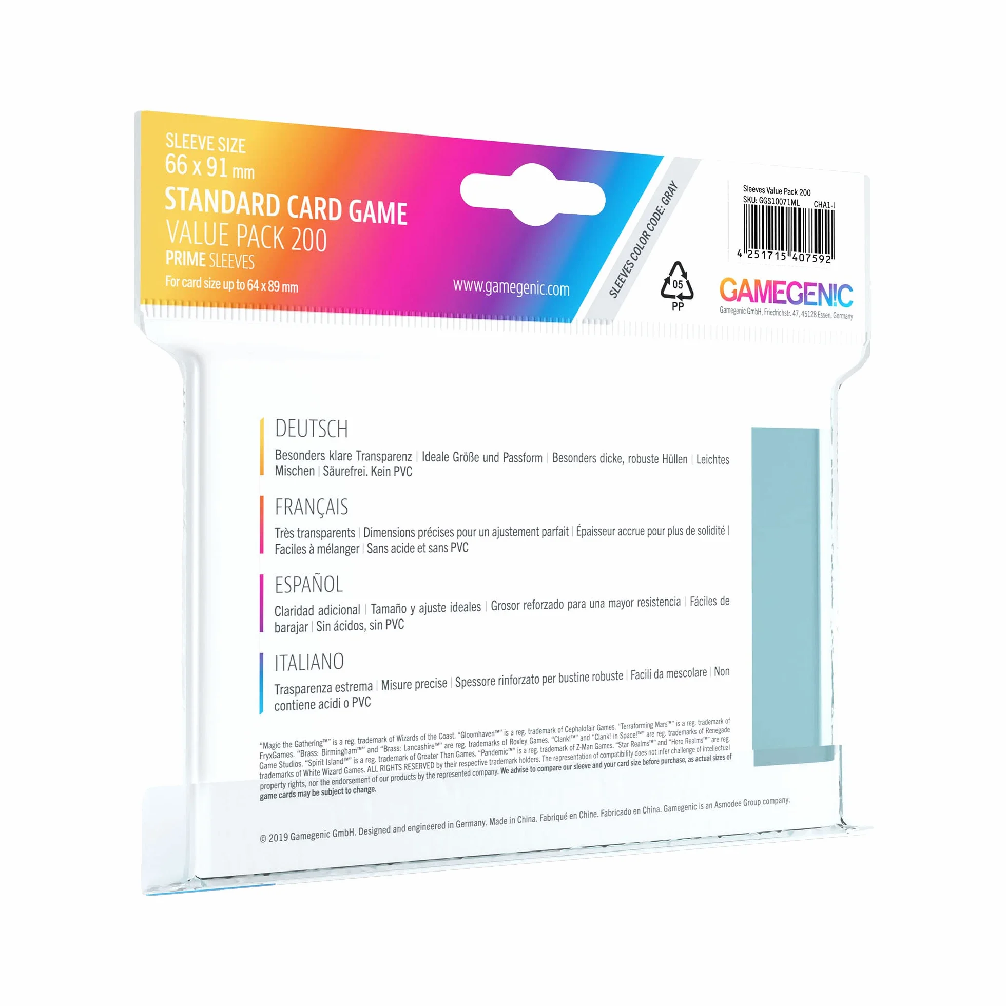 Gamegenic 200 Pack 66 x 91 mm Gray Standard Card Game Prime SleevesValue Pack