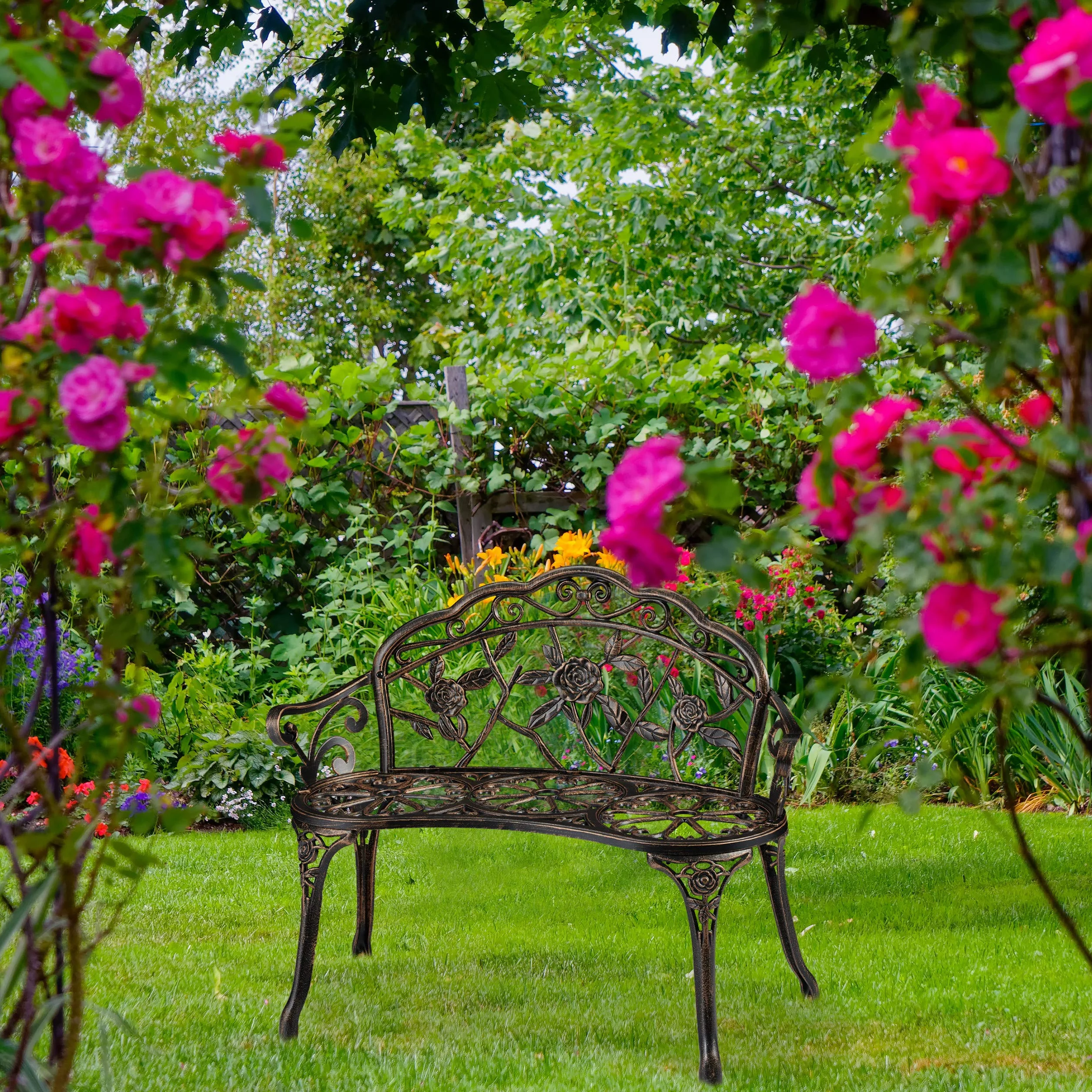 Relaxdays Ławka ogrodowa 2-osobowa z aluminium i żeliwa, antyczna, czarna, 78 x 99 x 52 cm