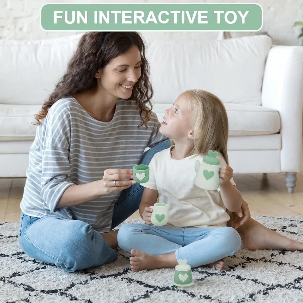 HOTUT Silikonowy zestaw do herbaty, zestaw do herbaty Montessori, zestawy kuchenne dla dzieci, odgrywanie ról dla dzieci, prezenty dla chłopców i dziewcząt w wieku 3, 4, 5 lat, zielony