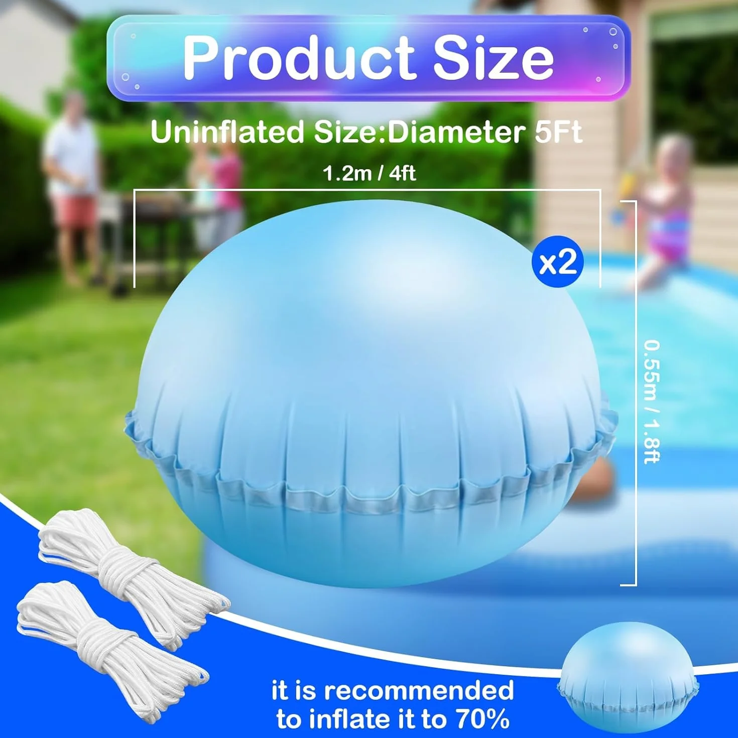 Poduszki basenowe zimowe XXL 120 x 120 cm z 2 linkami 15 m niebieskie