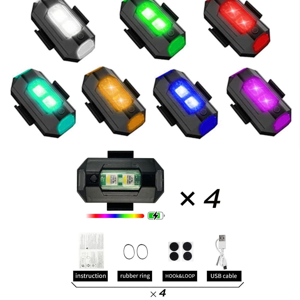 4 sztuki drona stroboskopowego, 7 kolorów, LED, do ładowania przez USB, mini drona, światło stroboskopowe, światło stroboskopowe, światło błyskowe