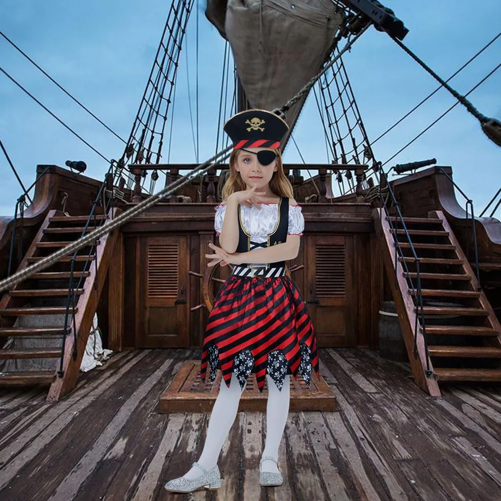 Aomig Kostium Piracki dla dzieci, 3-częściowy akcesoria do stroju pirata, kapelusz piracki, bajkowa sukienka na Halloween, karnawał