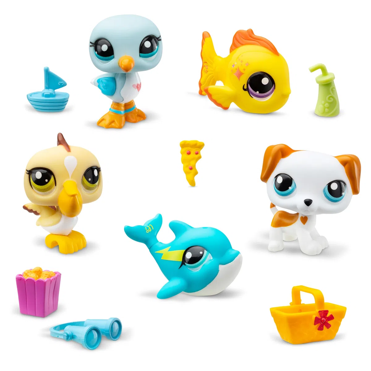Littlest Pet Shop BANDAI Collectors 5-pak najlepszych zabawek plażowych, zestaw zawiera 5 mini zabawek LPS dla zwierząt domowych, 7 akcesoriów, 1 kartę kolekcjonerską i 1 wirtualny kod, zabawki