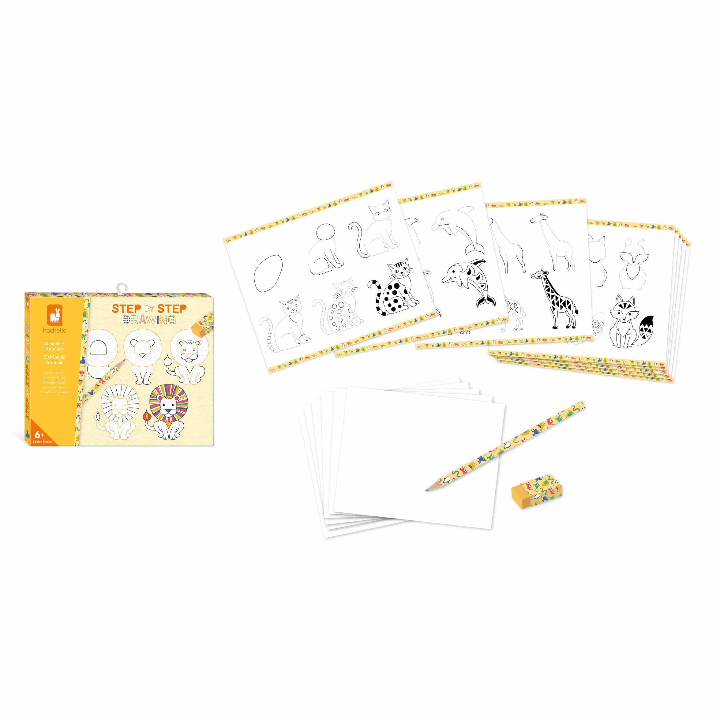 Janod - Step by Step Drawing - Nauka rysowania - 20 modeli zwierzęcych - zestaw do rysowania dla dzieci - nauka rysowania i koncentracji - od 6 lat - J09155