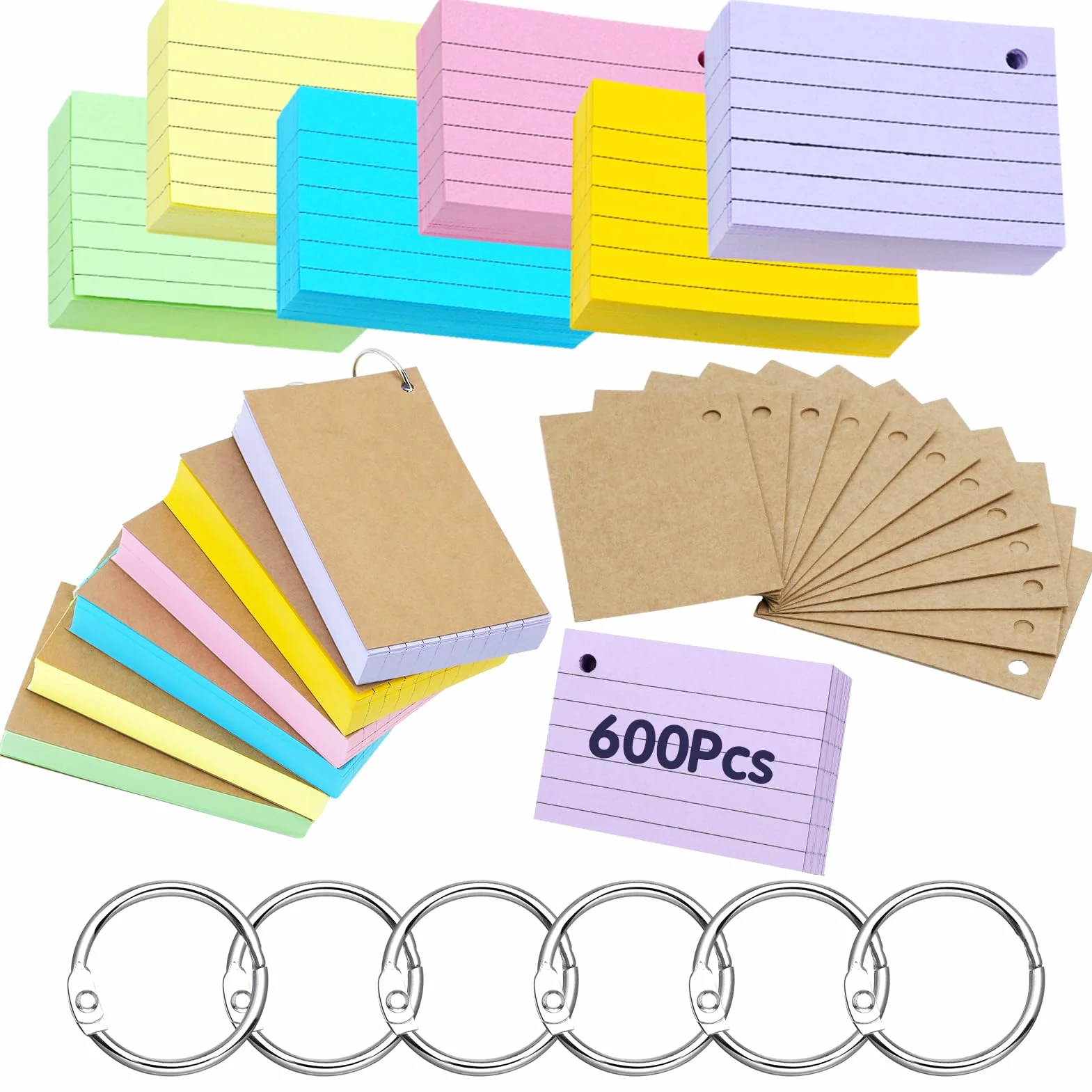 Flash Cards A8, 600 sztuk, wielokolorowe, z 7 pierścieniami do oprawy, perforowane karty Bristol, karty przeglądowe i indeksy do szkoły, biura i do nauki słownictwa