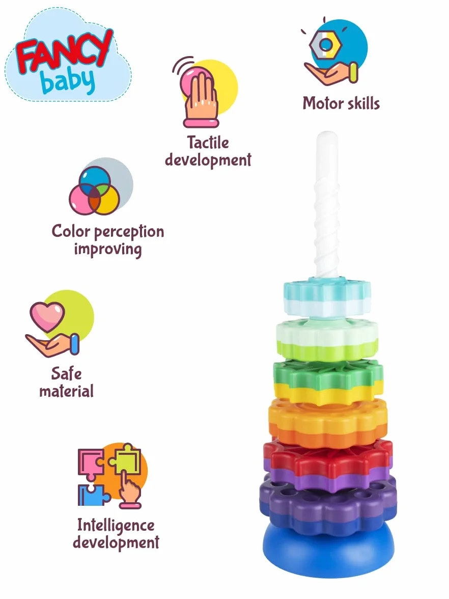 FANCY BABY Wieża do Układania w Stos 40 cm w Kolorach Tęczy Montessori, Gigantyczna Piramida dla Niemowląt, Zabawka z Pierścieniami do Układania dla Dzieci 1 2 3 Lat