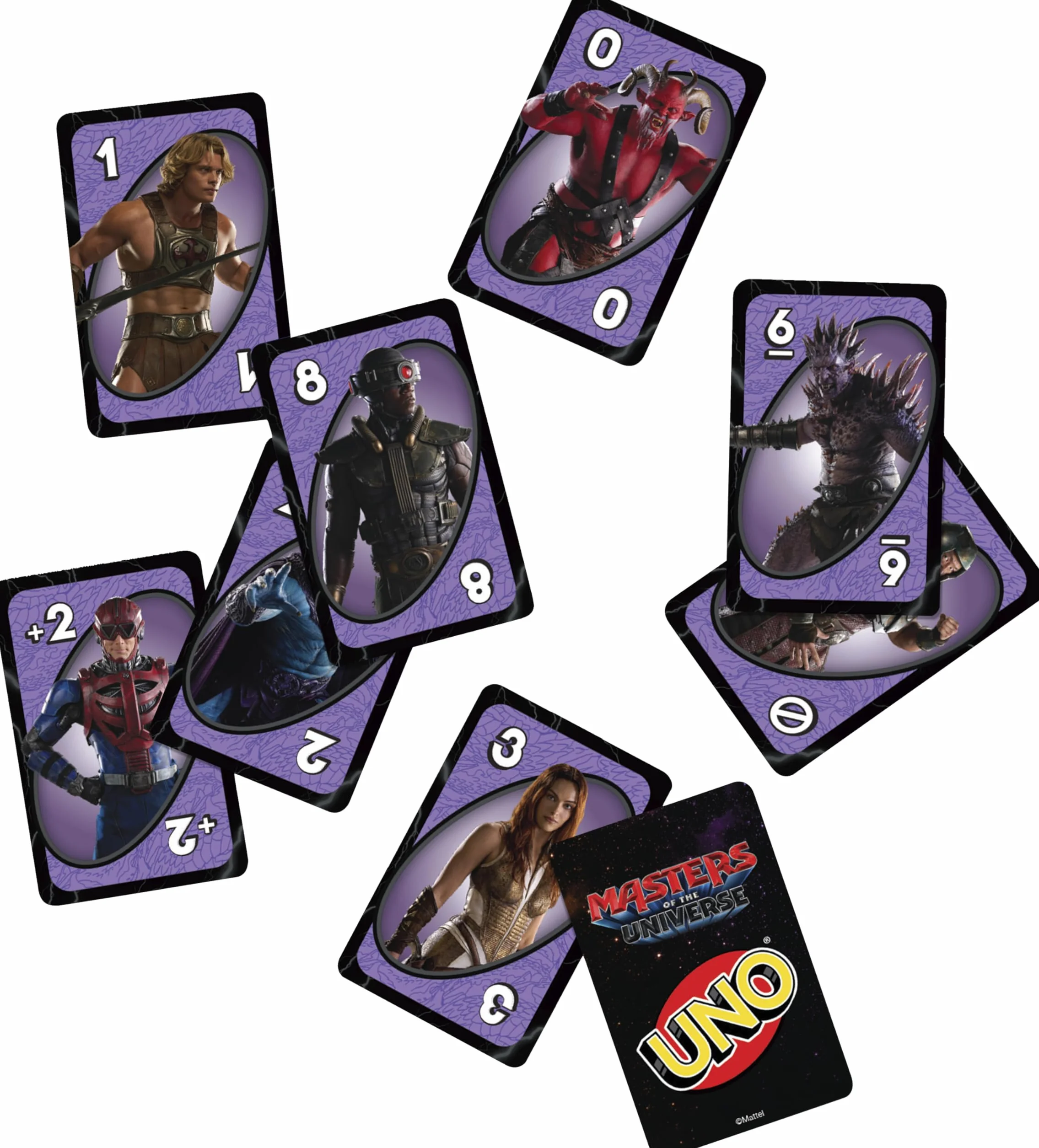 Mattel Games UNO Masters of the Universe, specjalna wersja w kolekcjonerskim pudełku z postaciami inspirowanymi filmem MOTU, specjalna karta Miecz Mocy, 7 lat, JNP53