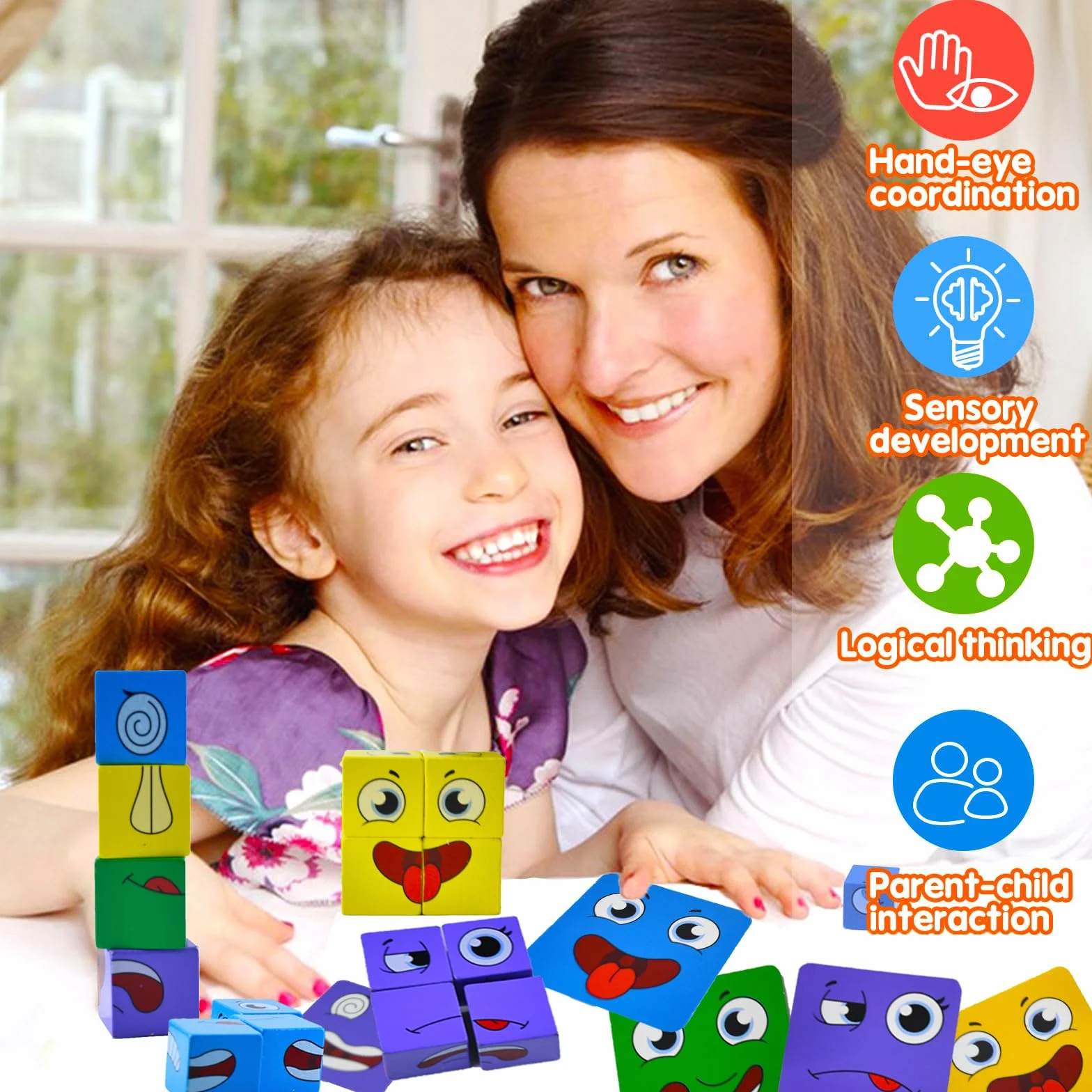 Drewniane puzzle, puzzle kostki, gry edukacyjne Montessori, gry interaktywne, zmieniające twarz zabawki edukacyjne w kostce, drewniane gry Montessori dla dzieci w wieku 3 4 5 6 lat