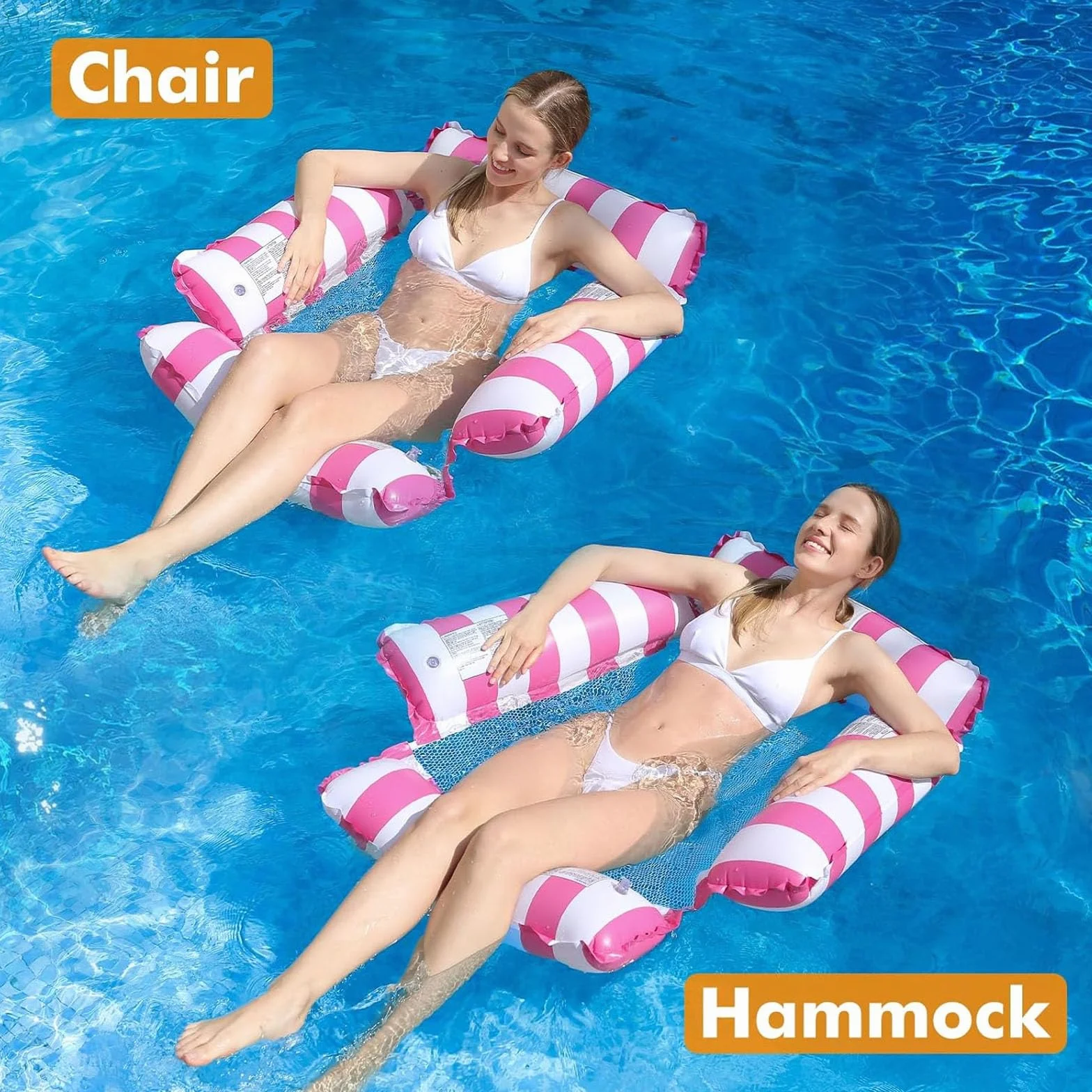 Hamak wodny z siatką – wersja z grubego PCW, udźwig 100 kg, hamak 4 w 1, do basenu i na basen, w zestawie pompka ręczna (123 x 120 cm, różowy)