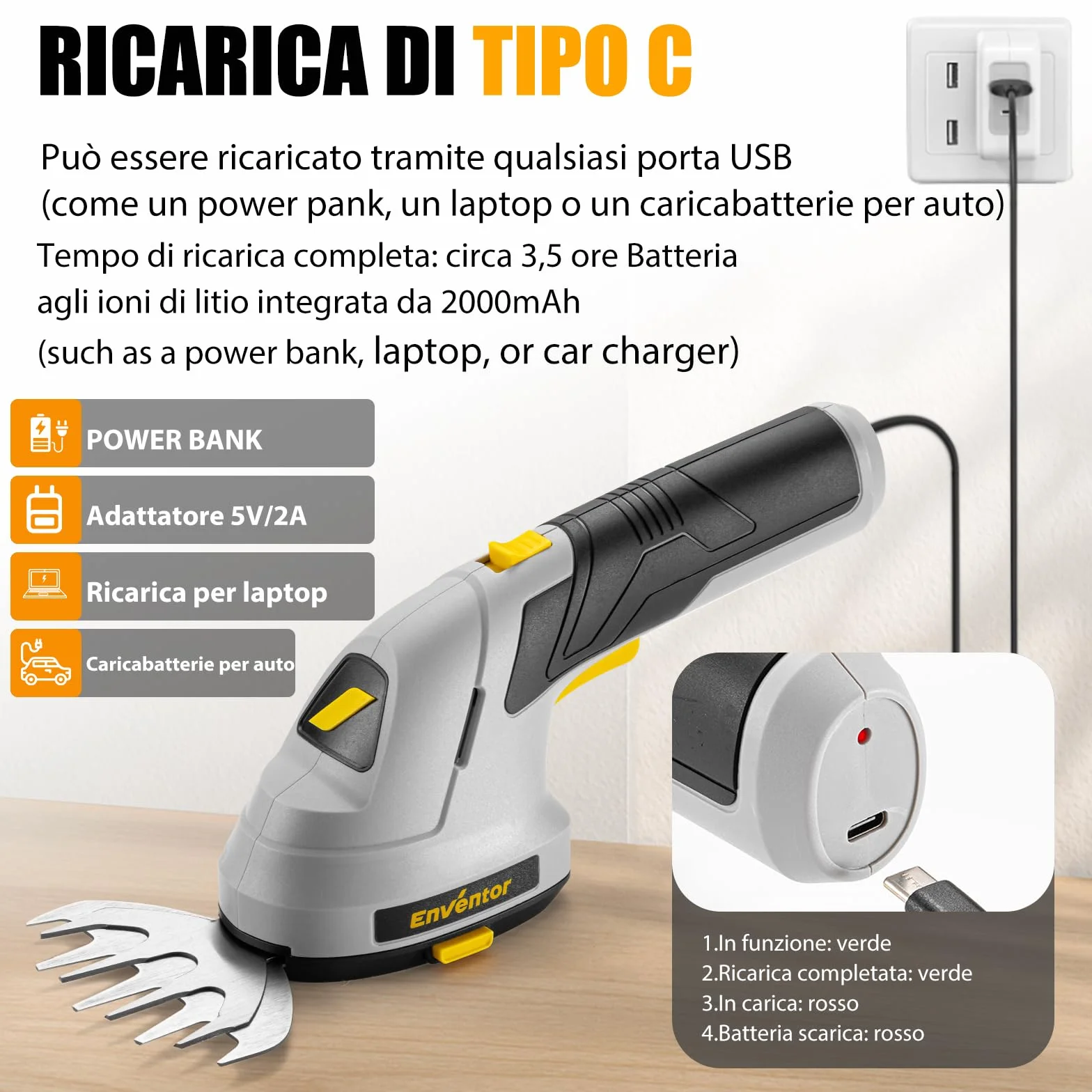 Enventor Sekator ogrodowy 7,4 V 2000mAh 2-in-1 Cordless Hedge Trimmer & Grass Shear