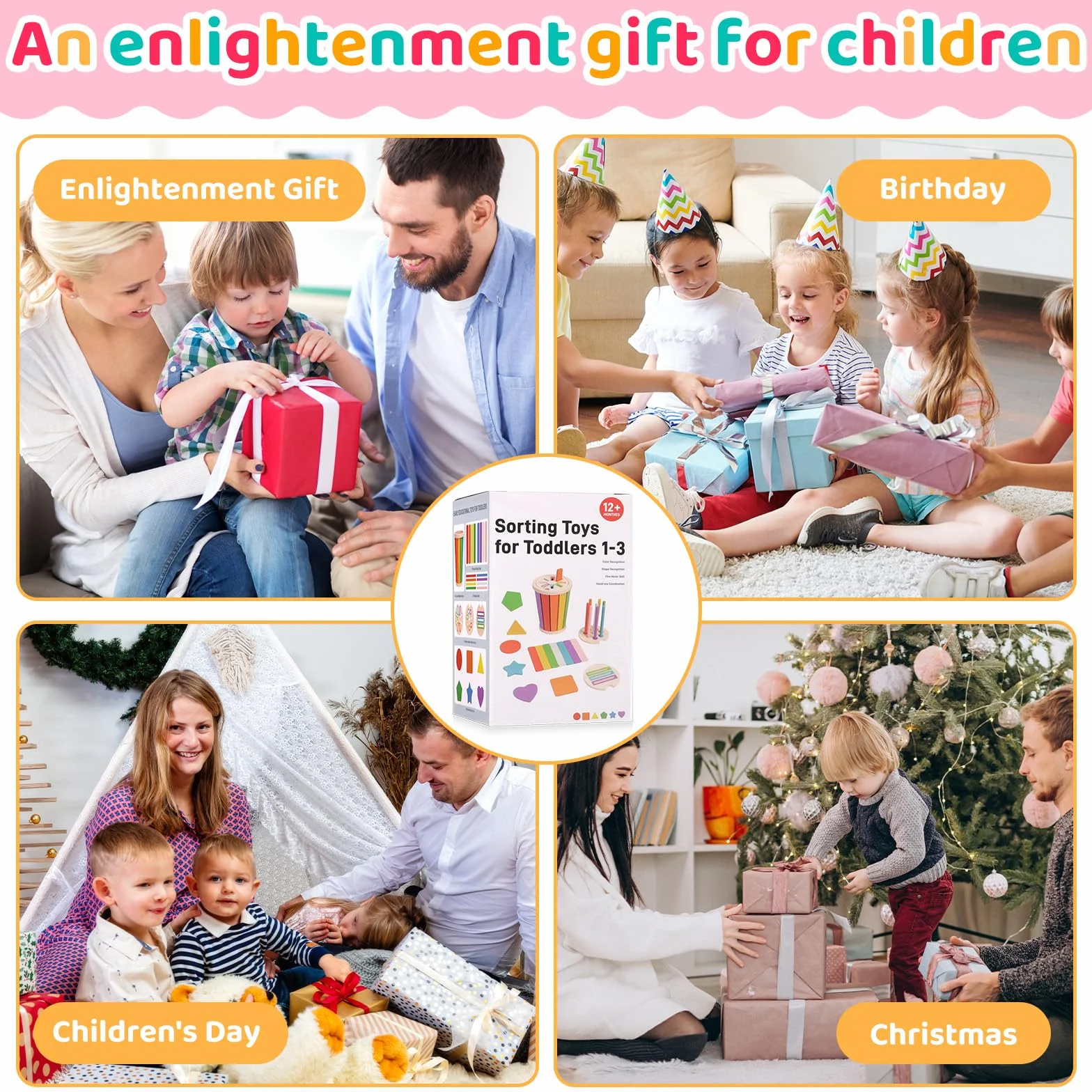 Montessori zabawka dla dzieci od 1 lat, sensoryczna, zabawka edukacyjna, Gra Sortowania Kolorów, 3 w 1 Drewniana Zabawka Niemowląt, Odpowiednie dla dzieci w wieku 1, 2, 3 roku