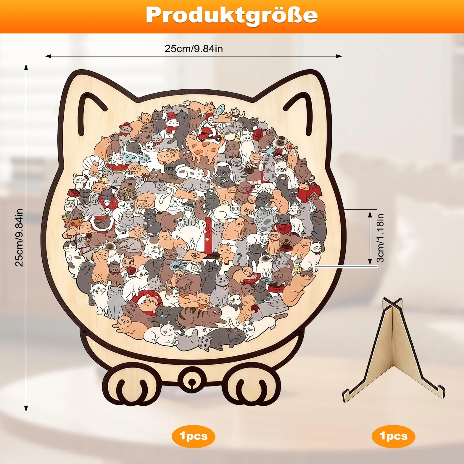 Drewniane puzzle kot 135 elementów kolorowe z ramą w kształcie kota