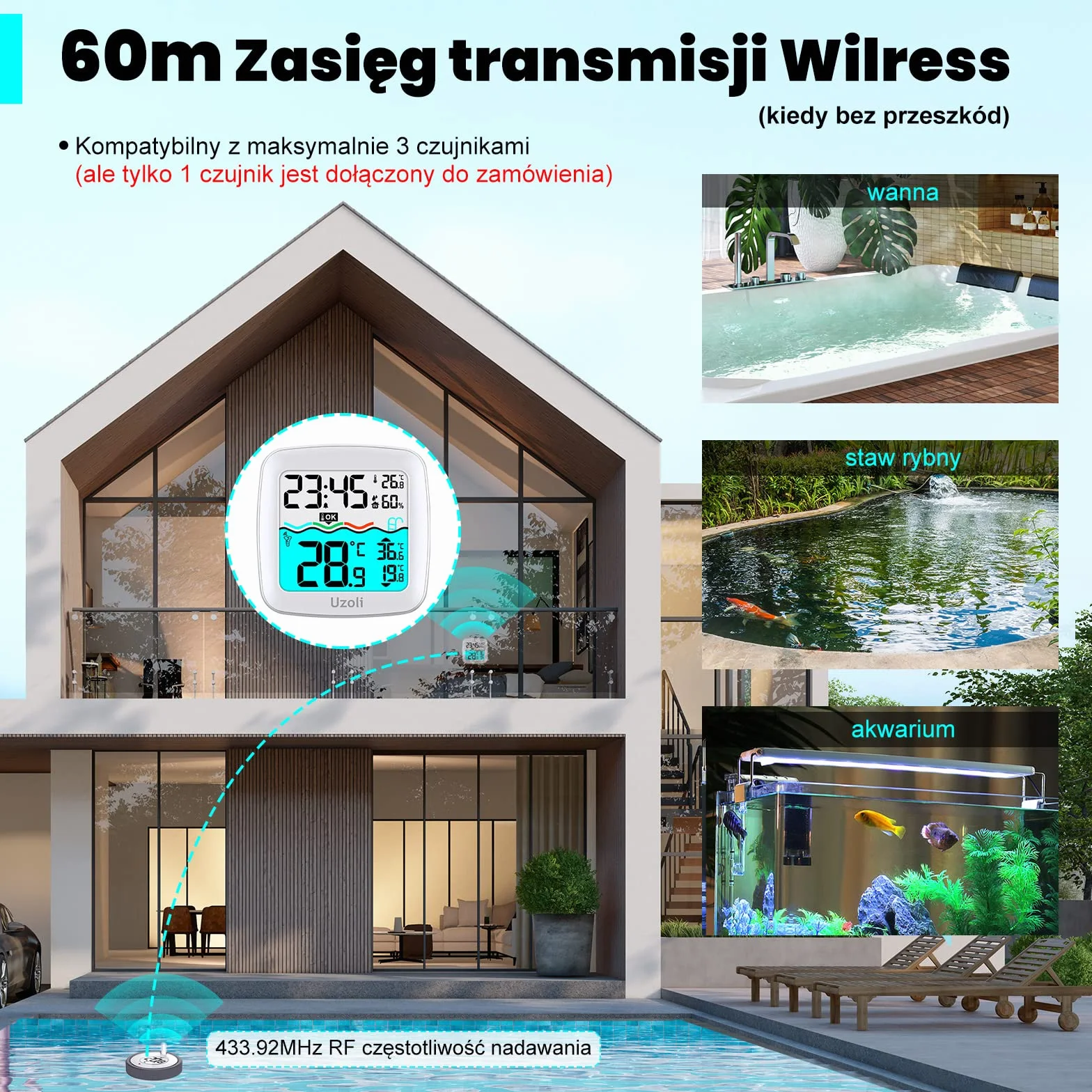 Uzoli EM3385 termometr basenowy z czujnikiem IPX7 LCD temperatura wody wewnętrzna budzik