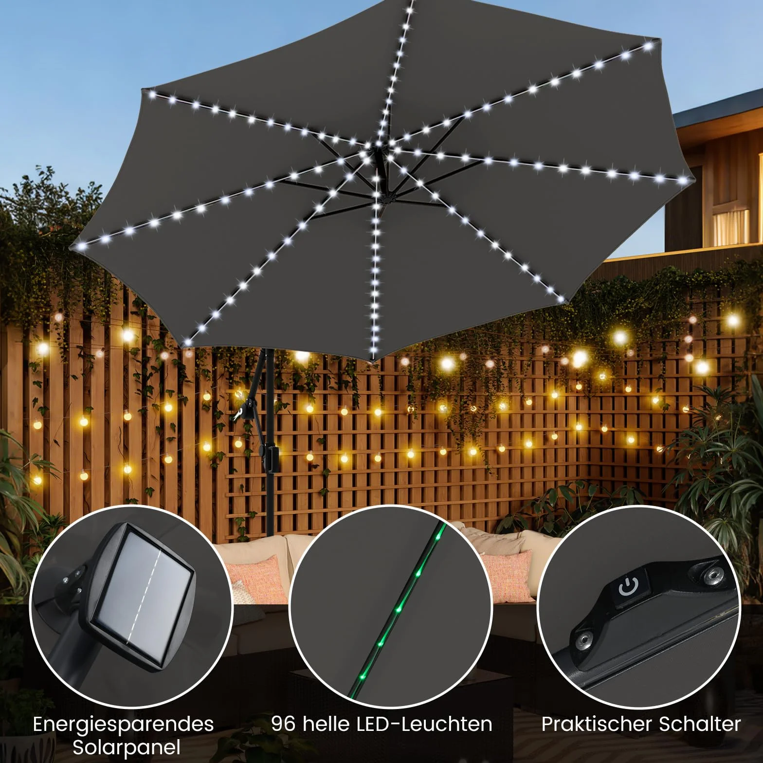COSTWAY Parasol przeciwsłoneczny z oświetleniem LED 300 cm 9 trybów regulowany kąt nachylenia obracany 360°