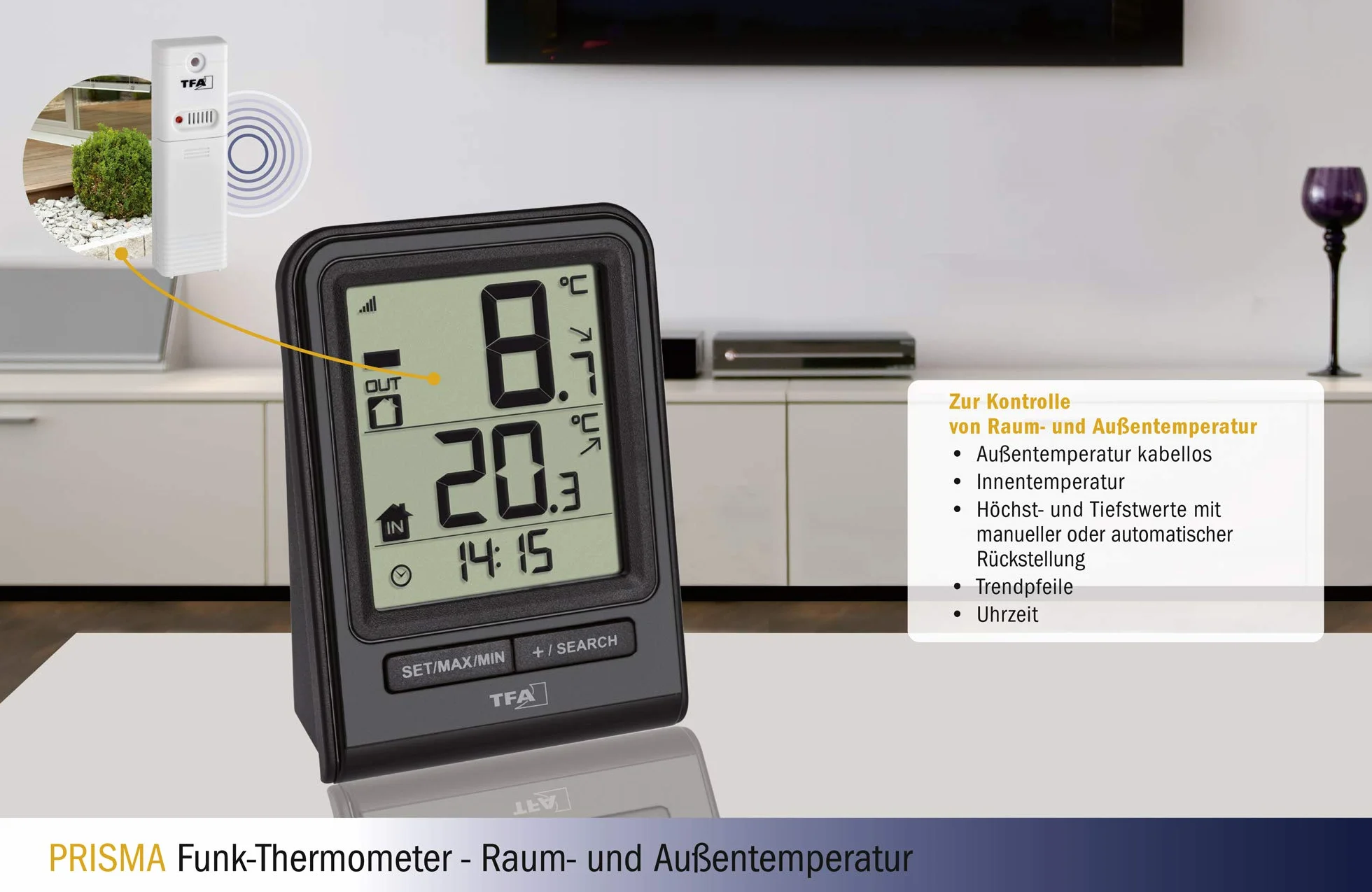 TFA Dostmann Prisma termometr radiowy temperatura zewnętrzna wewnętrzna wartości maksymalne minimalne