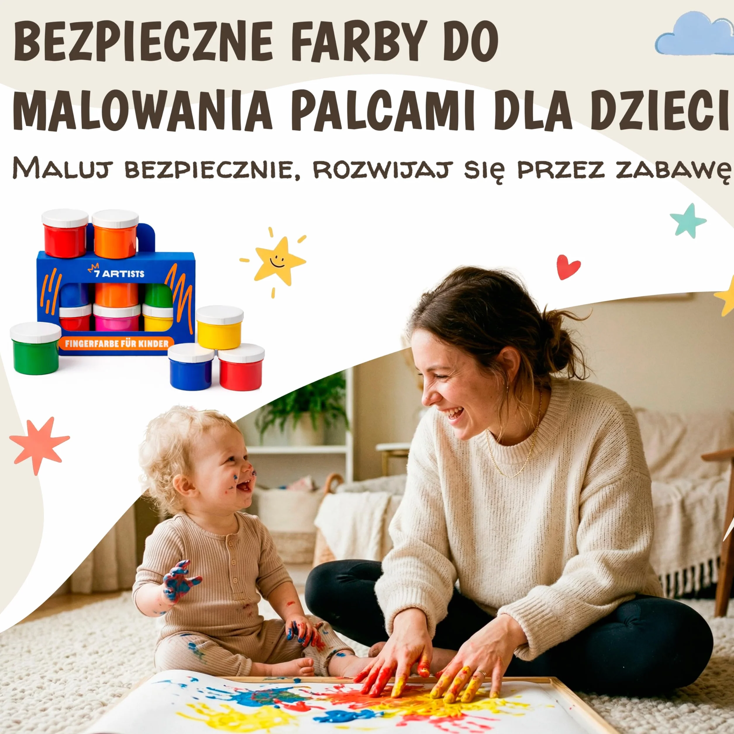 Farby do Malowania Palcami dla Dzieci Nietoksyczne Zmywalne 6x60 ml – Farby dla Dzieci 1, 2, 3 Lata | Odciski Dłoni i Stóp | Zestaw Kreatywny do Malowania