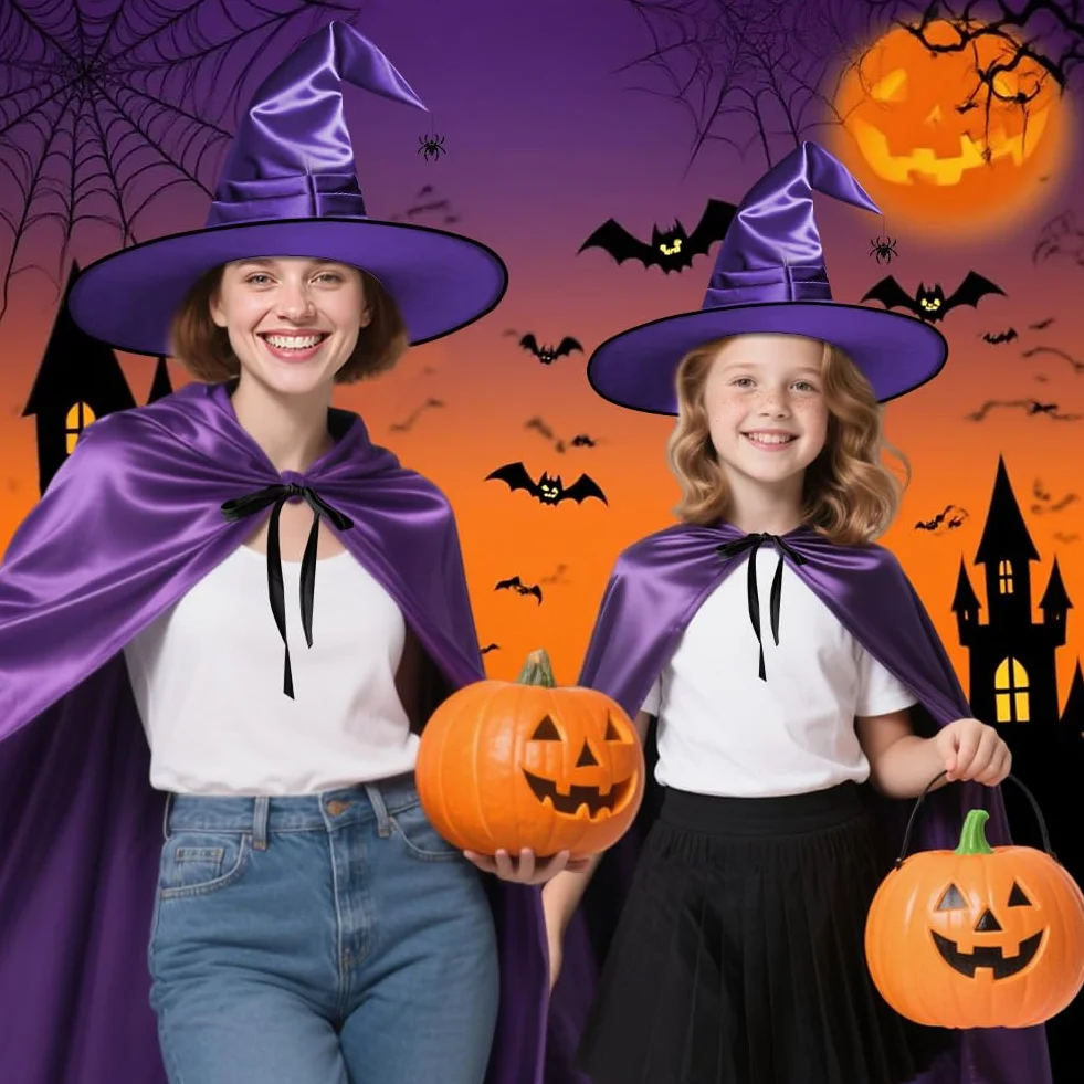 AUYAO Peleryna z kapturem na Halloween, długa peleryna z kapturem, płaszcz z kapturem, Halloween, Boże Narodzenie, fantazyjna peleryna, 2 szt. fantazyjny kostium, maskarada, impreza z rękawiczkami