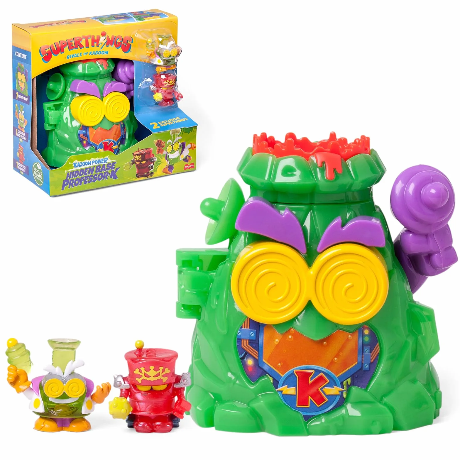 SUPERTHINGS KAZOOM POWER – Hidden Base Professor K. Tajna baza Professora K z animowanego serialu “Kazoom Power”. Zawartość: 1 Hidden Base, 1 ekskluzywny Professor K, 1 ekskluzywny Robotoxic